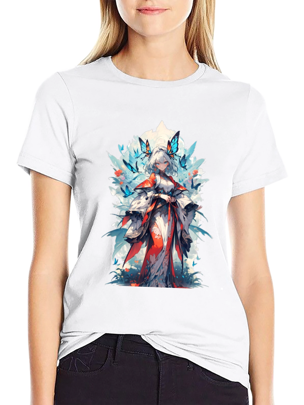 Anime Girl Butterfly T-Shirt - Black