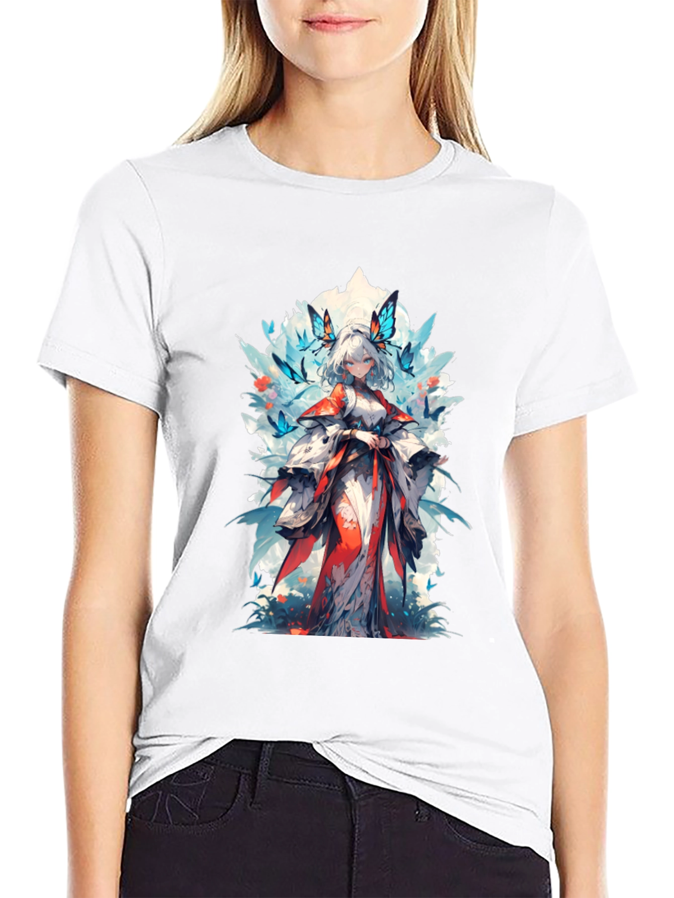 Anime Girl Butterfly T-Shirt - Black