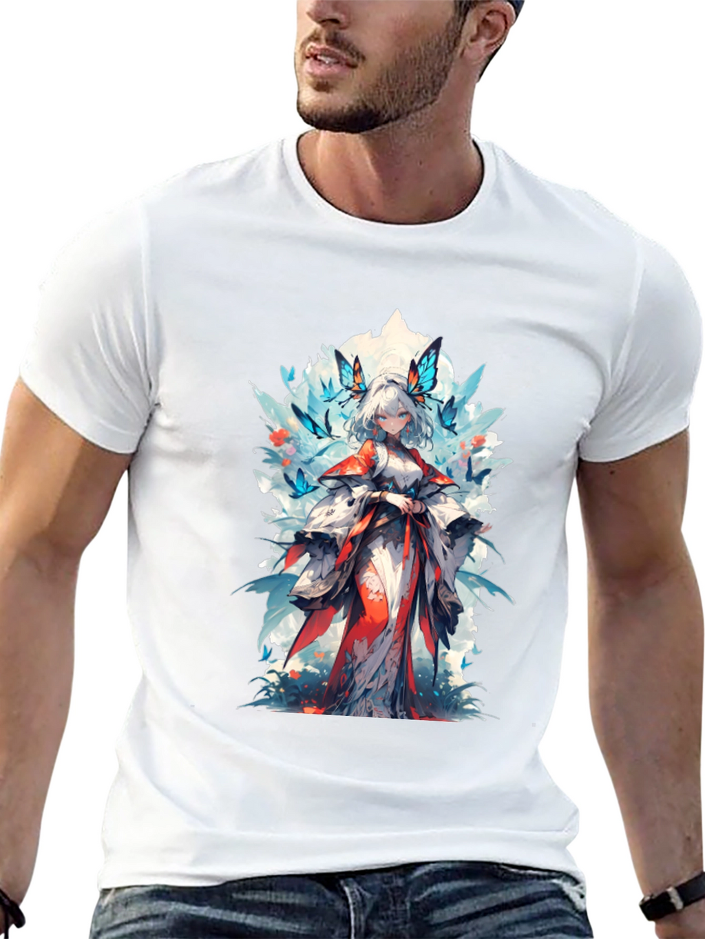 Anime Girl Butterfly T-Shirt - Black