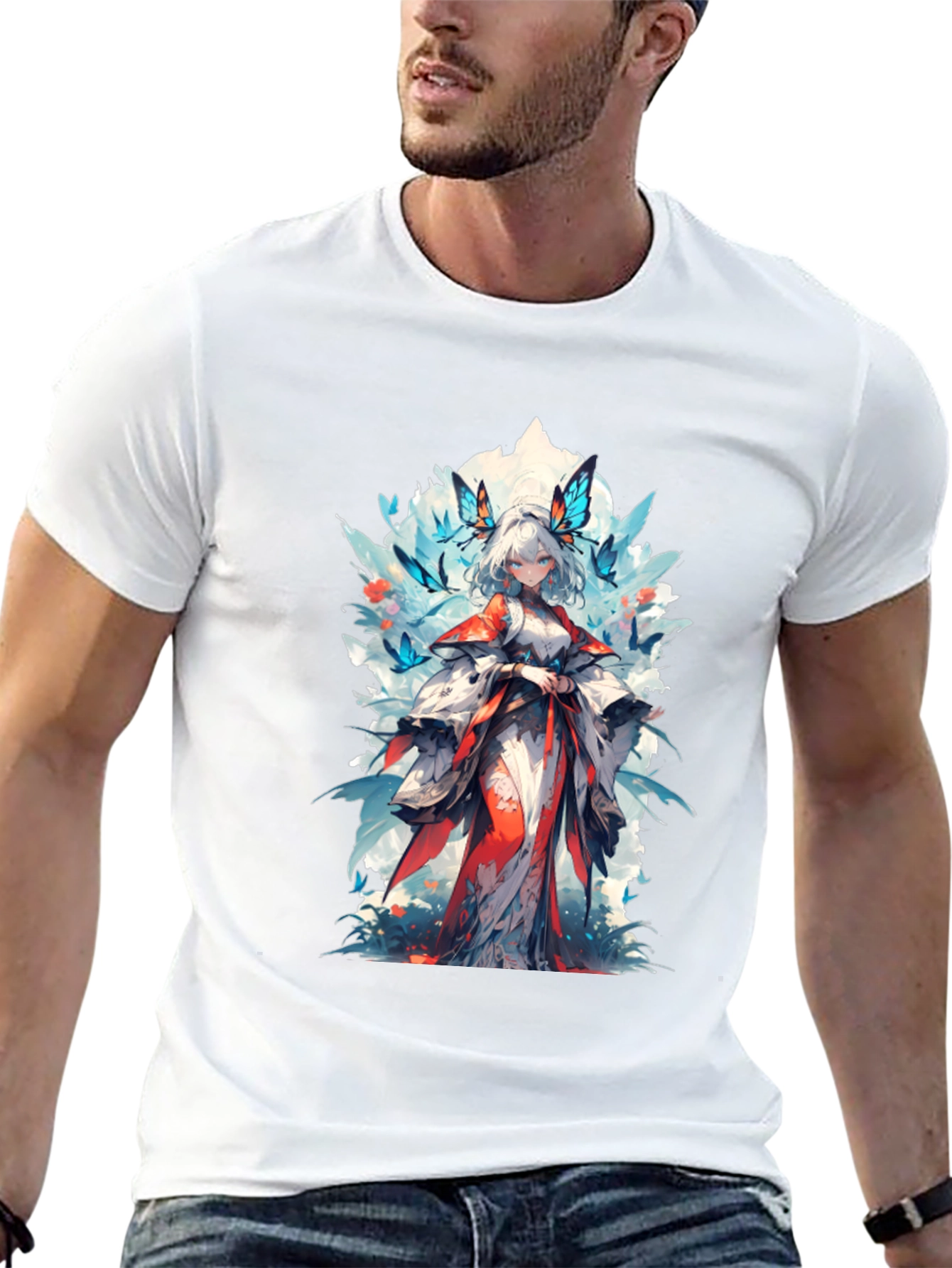 Anime Girl Butterfly T-Shirt - Black