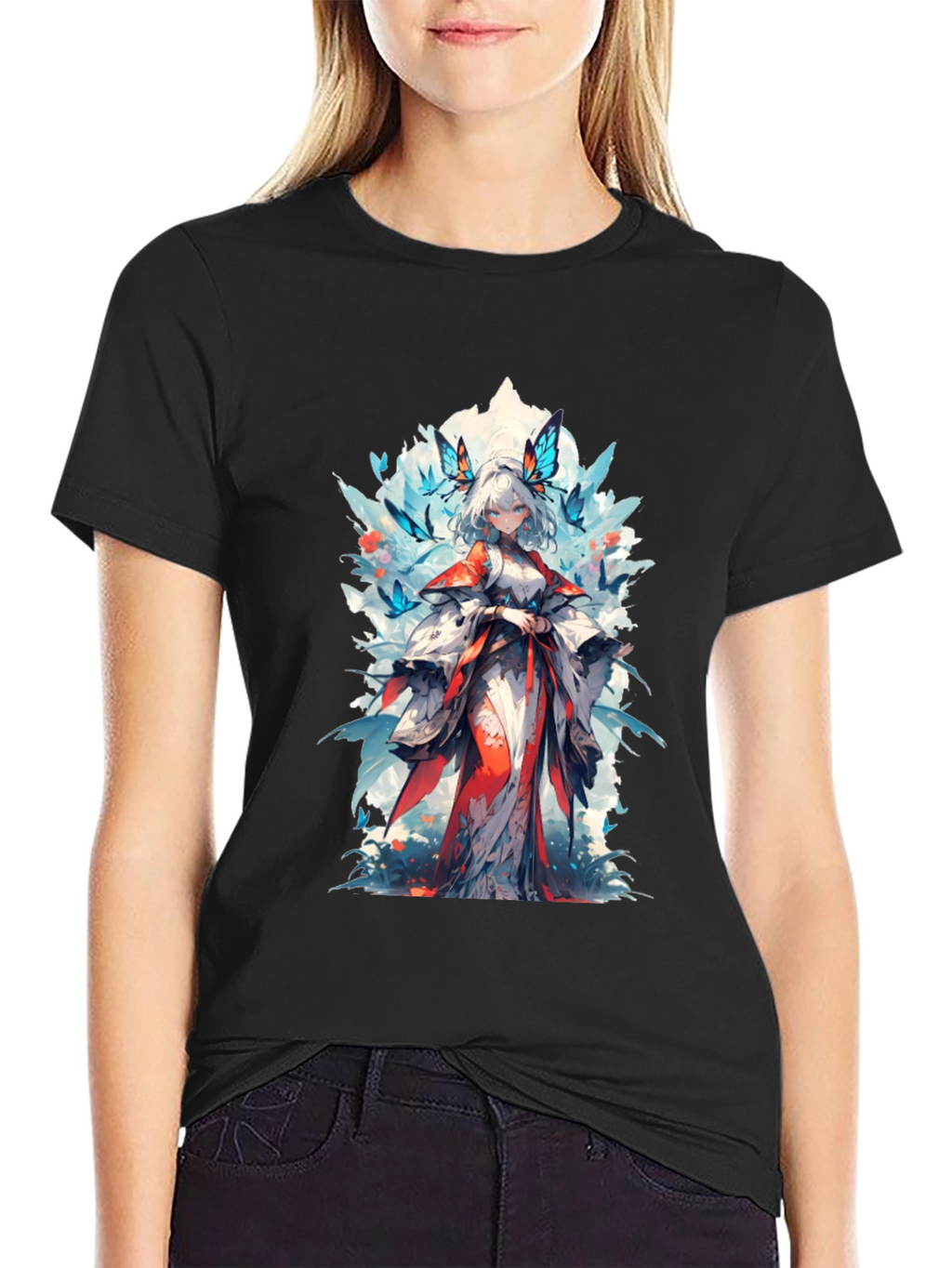 Anime Girl Butterfly T-Shirt - Black