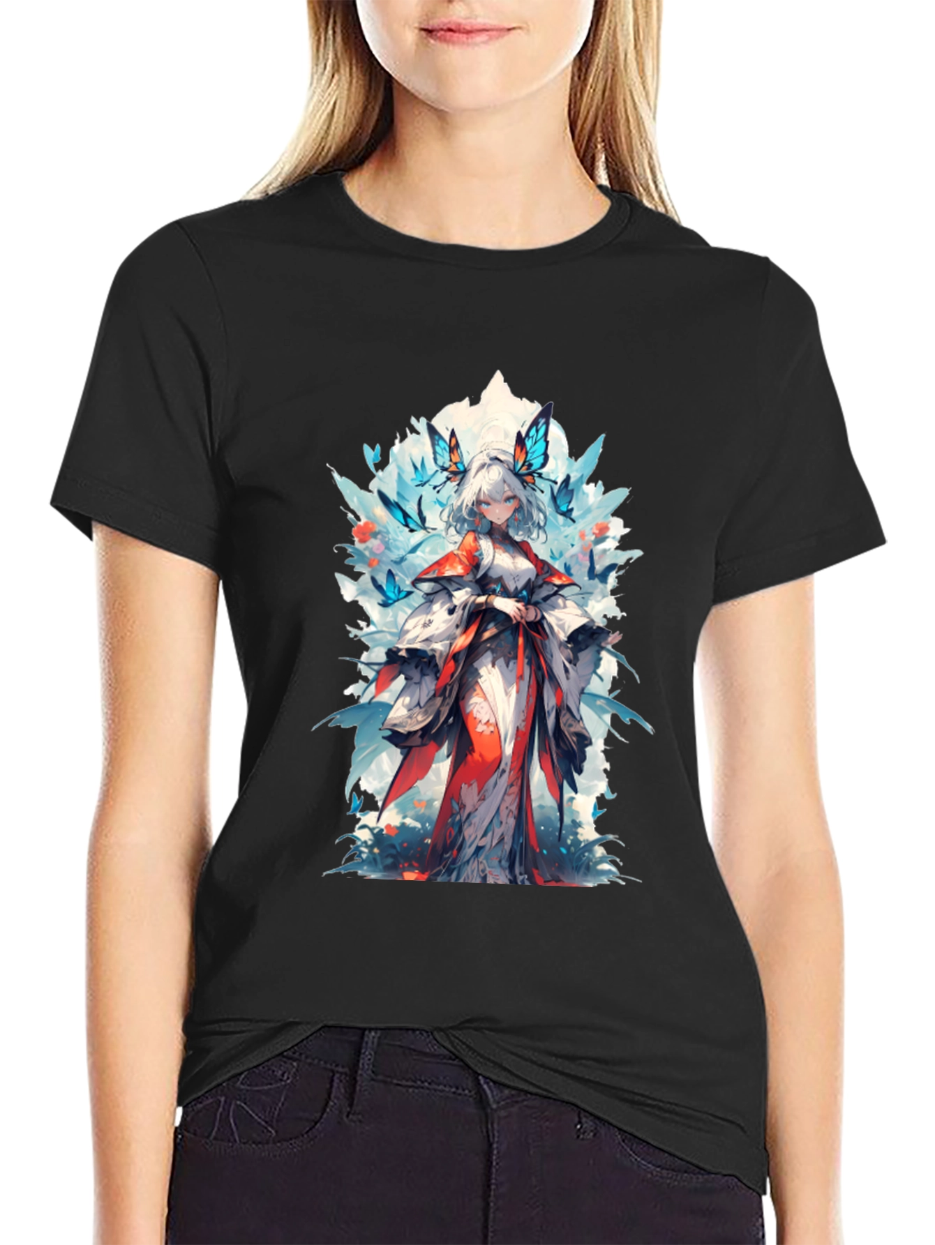 Anime Girl Butterfly T-Shirt - Black