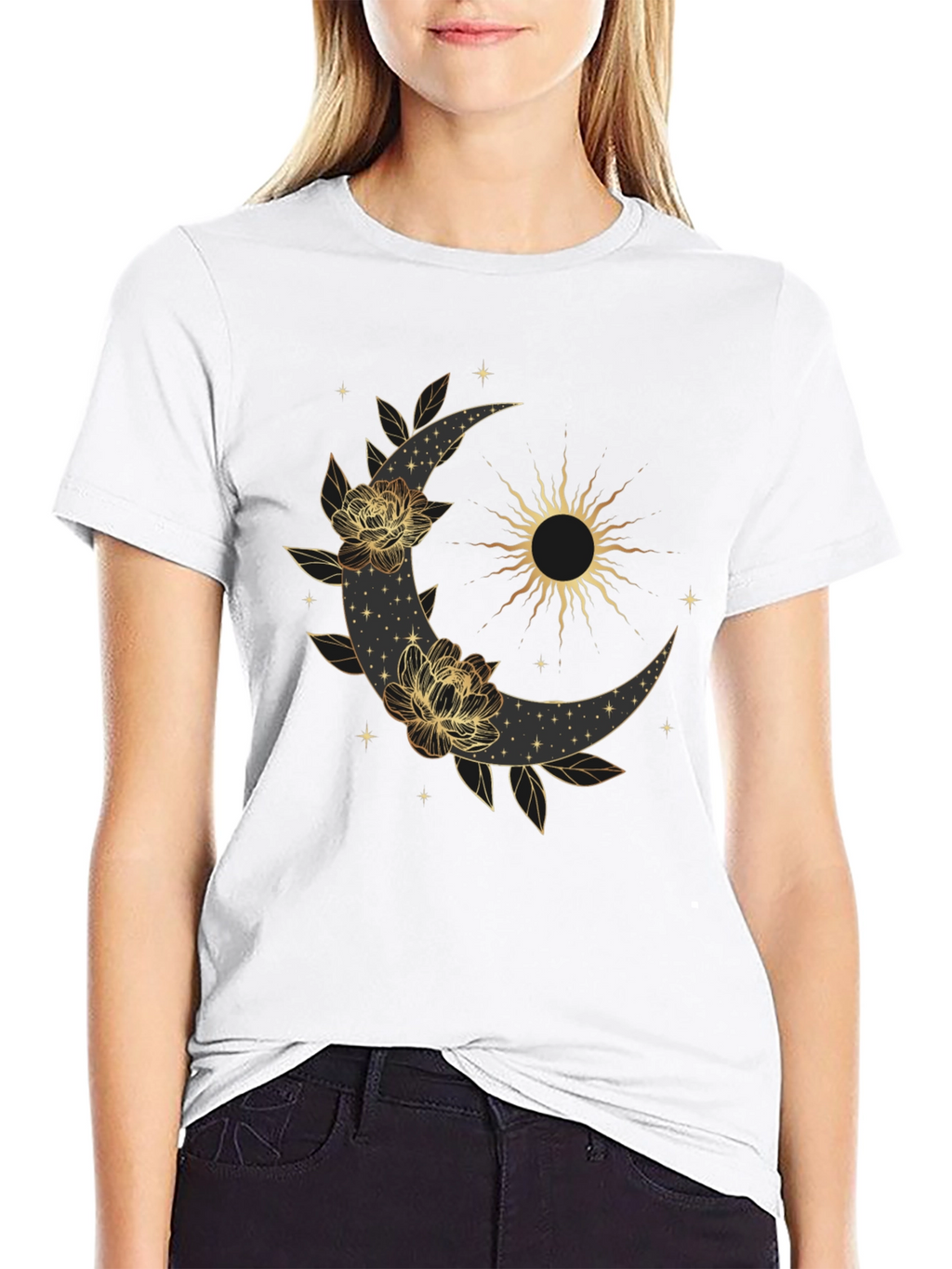 Celestial Moon & Sun Graphic Black T-Shirt
