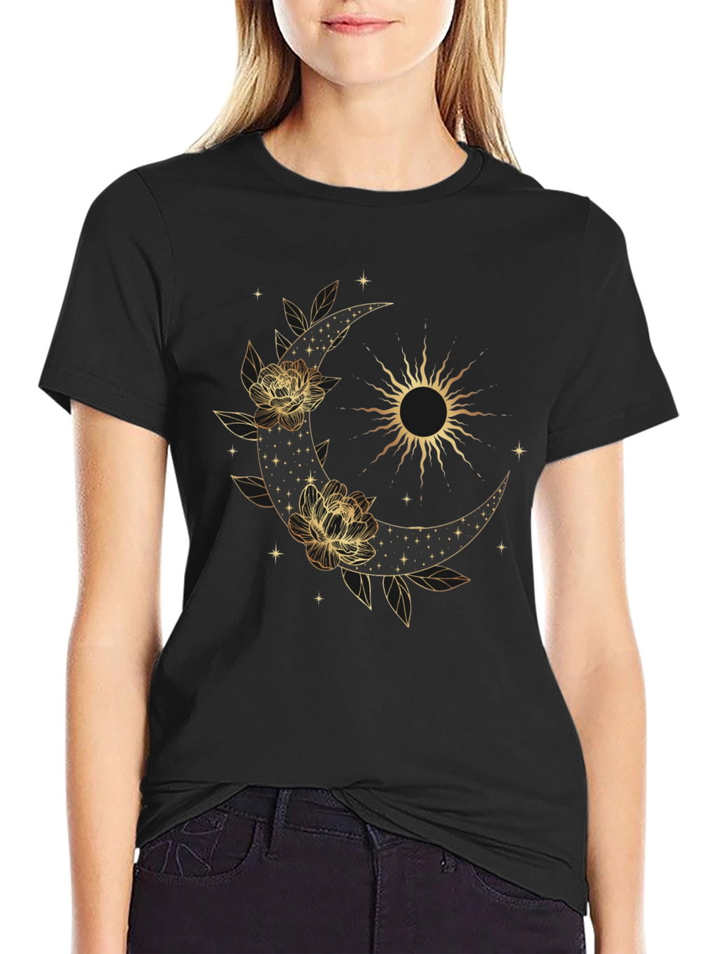 Celestial Moon & Sun Graphic Black T-Shirt