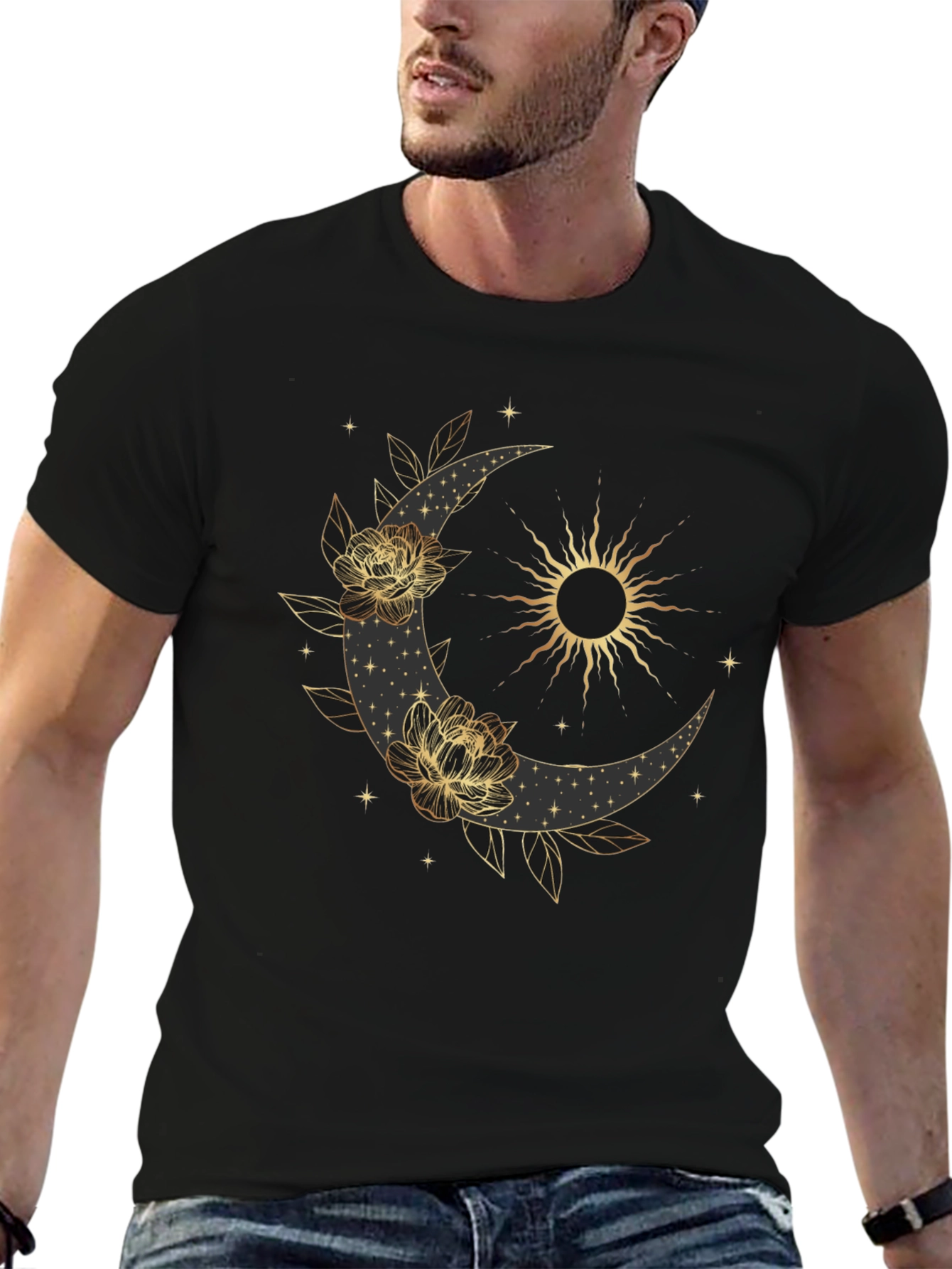 Celestial Moon & Sun Graphic Black T-Shirt