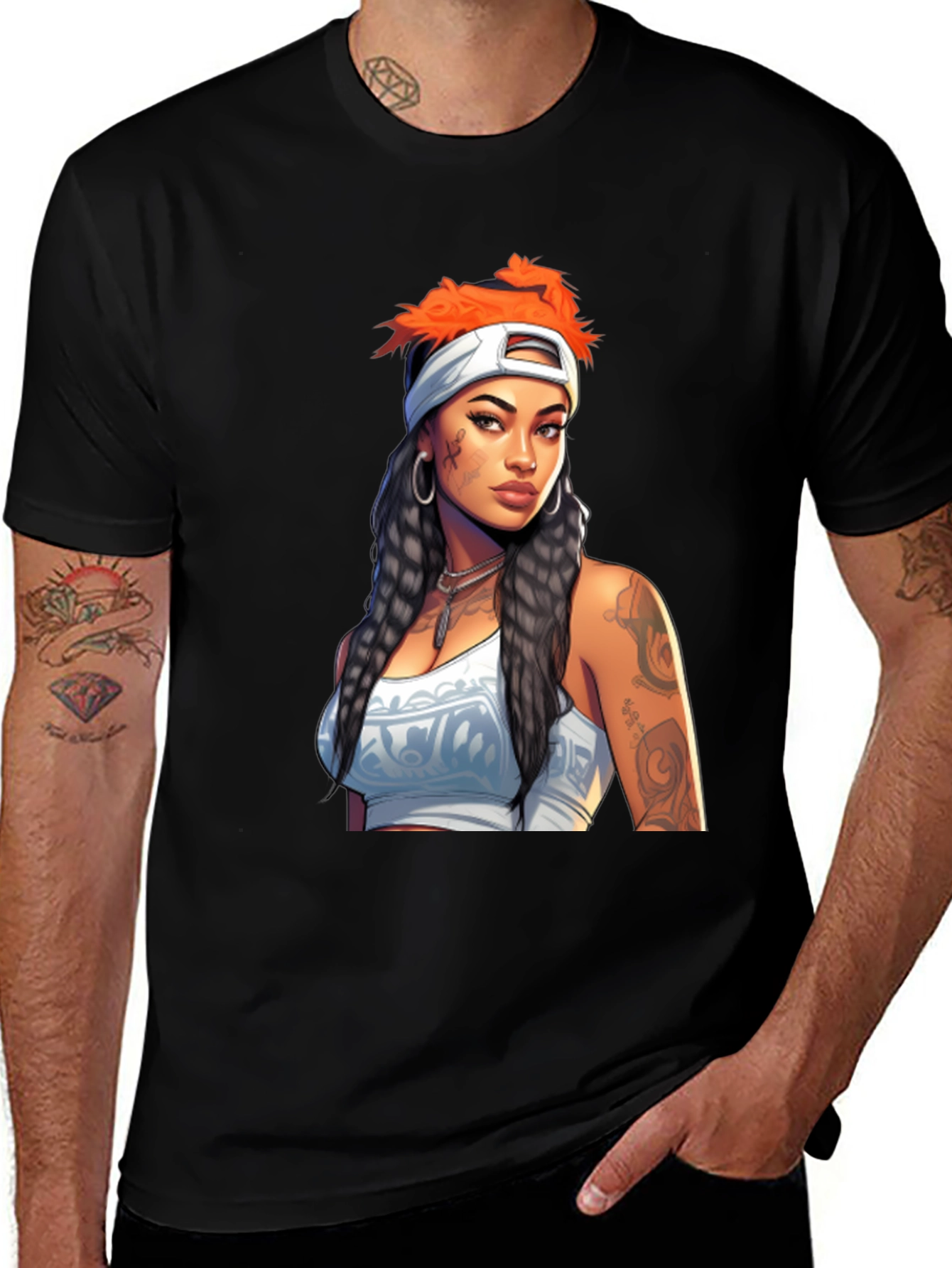 Black Tee with Tattooed Woman Graphic