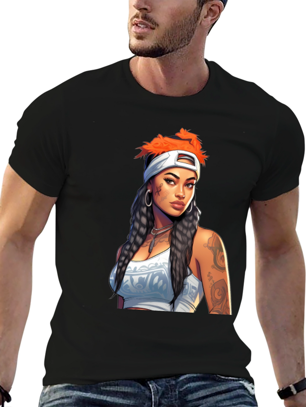 Black Tee with Tattooed Woman Graphic