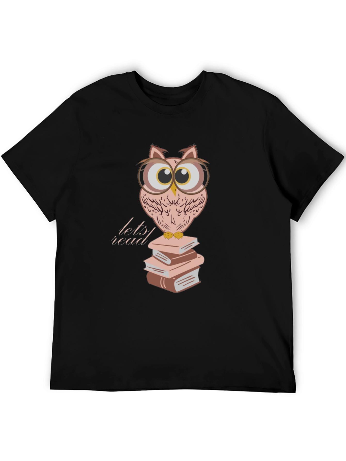 Owl Reading Books T-Shirt - Black Cotton Tee