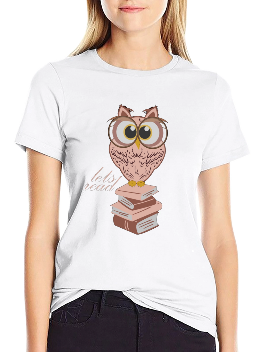 Owl Reading Books T-Shirt - Black Cotton Tee