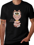 Owl Reading Books T-Shirt - Black Cotton Tee