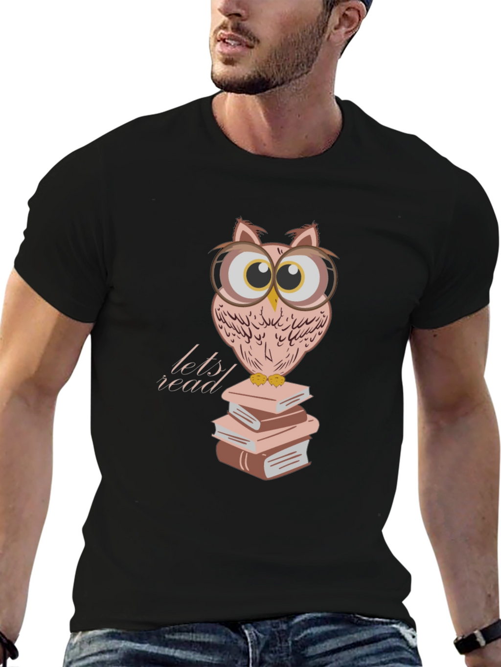 Owl Reading Books T-Shirt - Black Cotton Tee