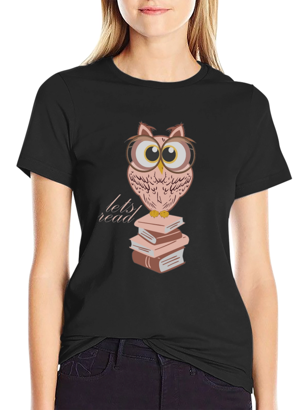 Owl Reading Books T-Shirt - Black Cotton Tee