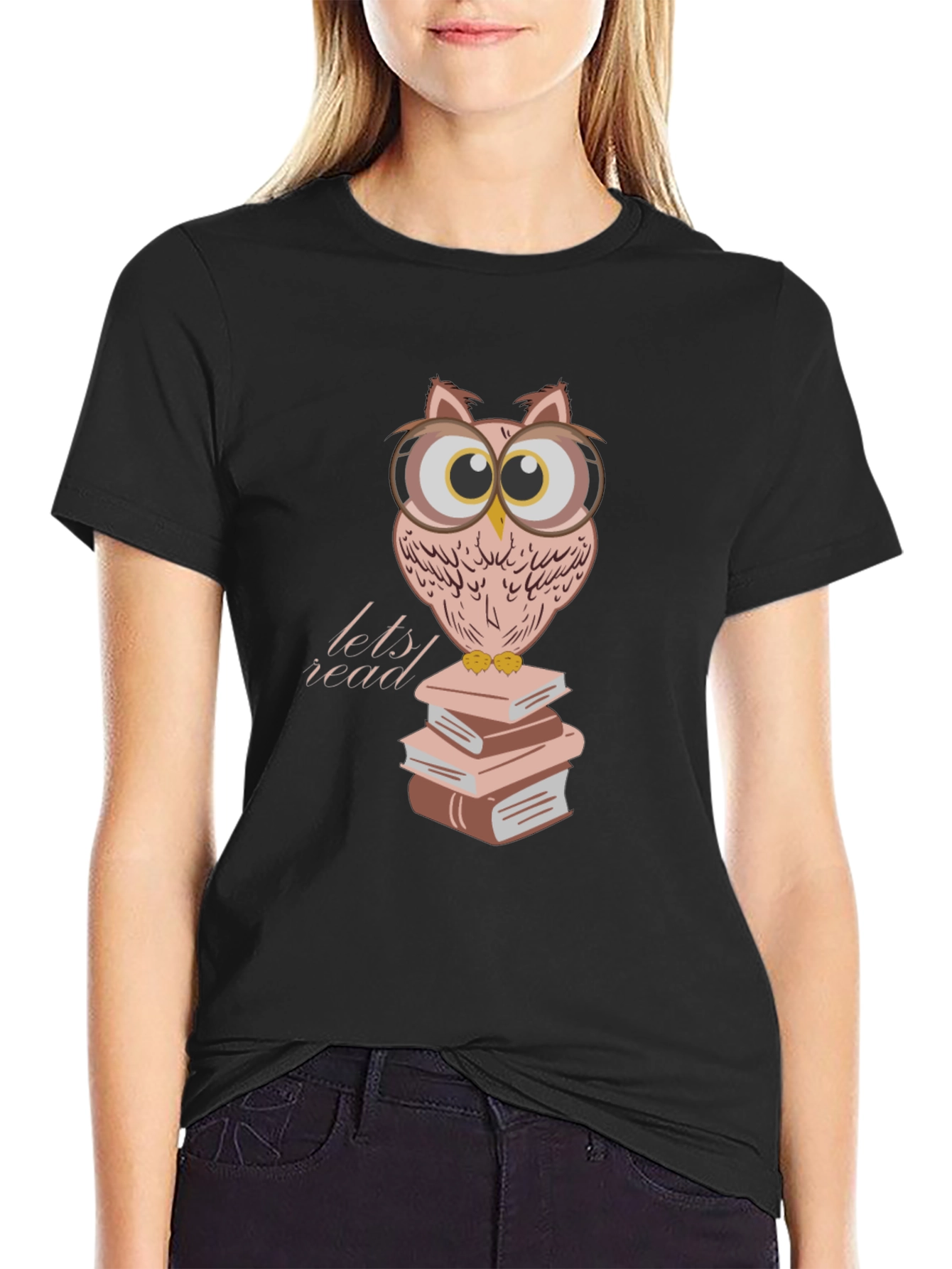 Owl Reading Books T-Shirt - Black Cotton Tee