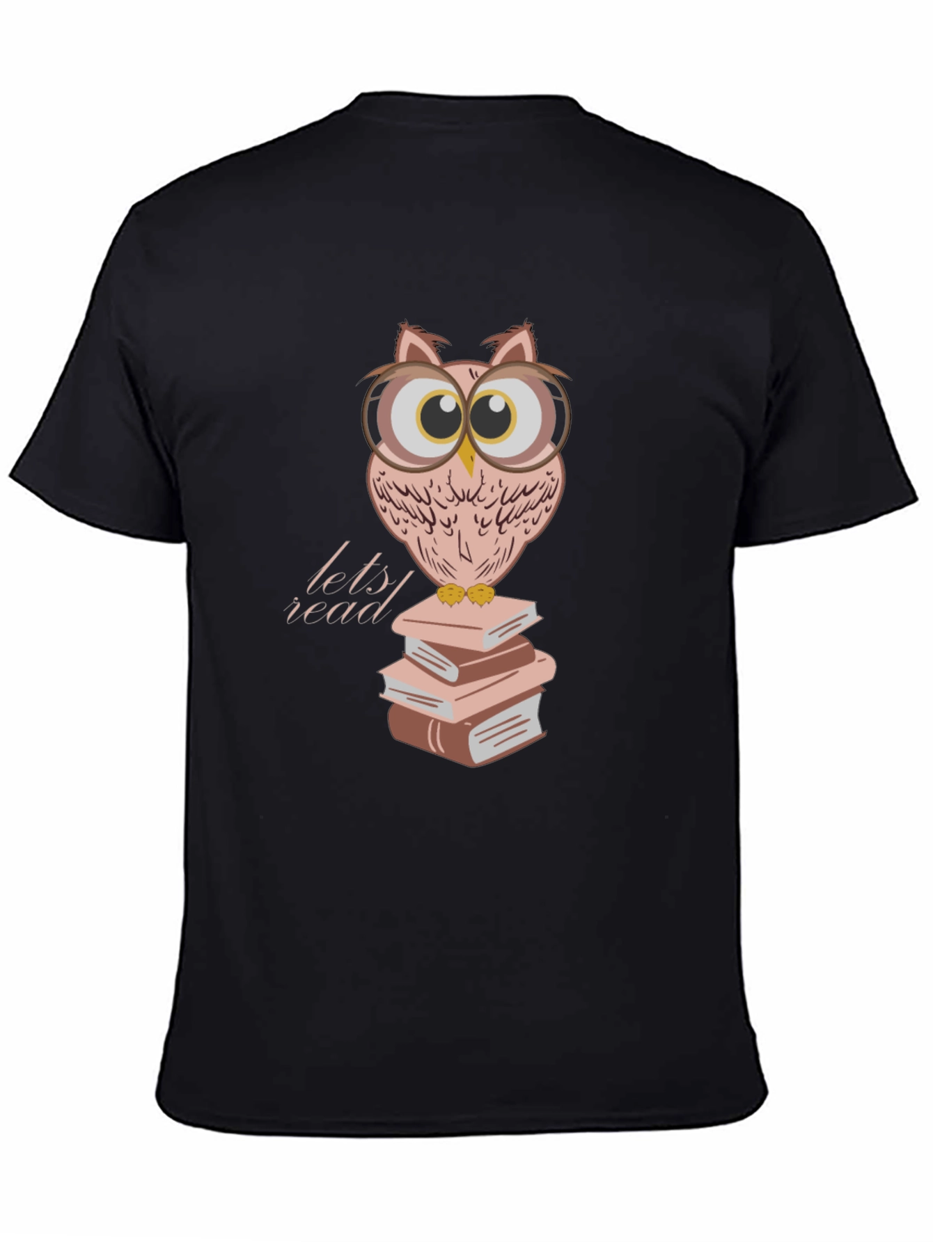 Owl Reading Books T-Shirt - Black Cotton Tee
