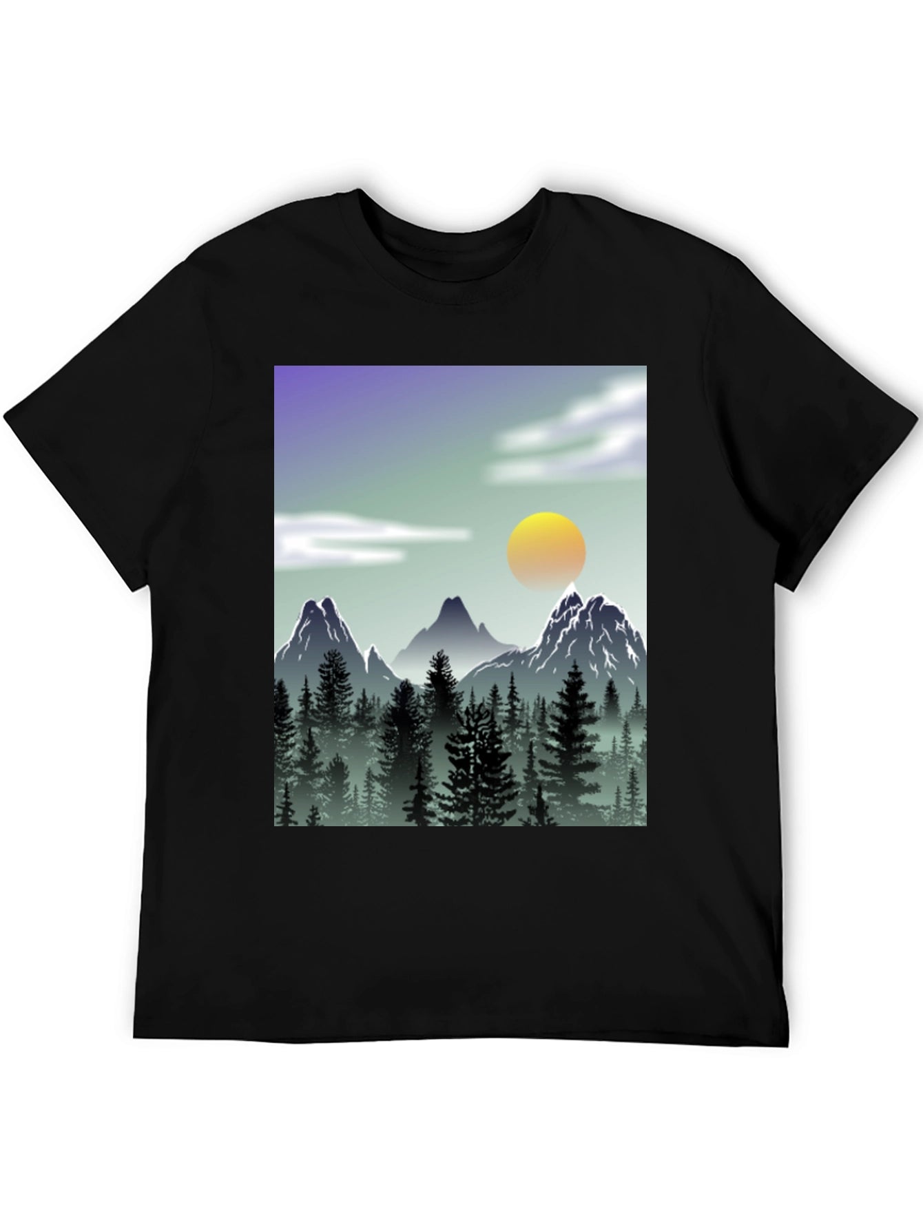 Mountain Scene Graphic Tee - Black Casual T-Shirt