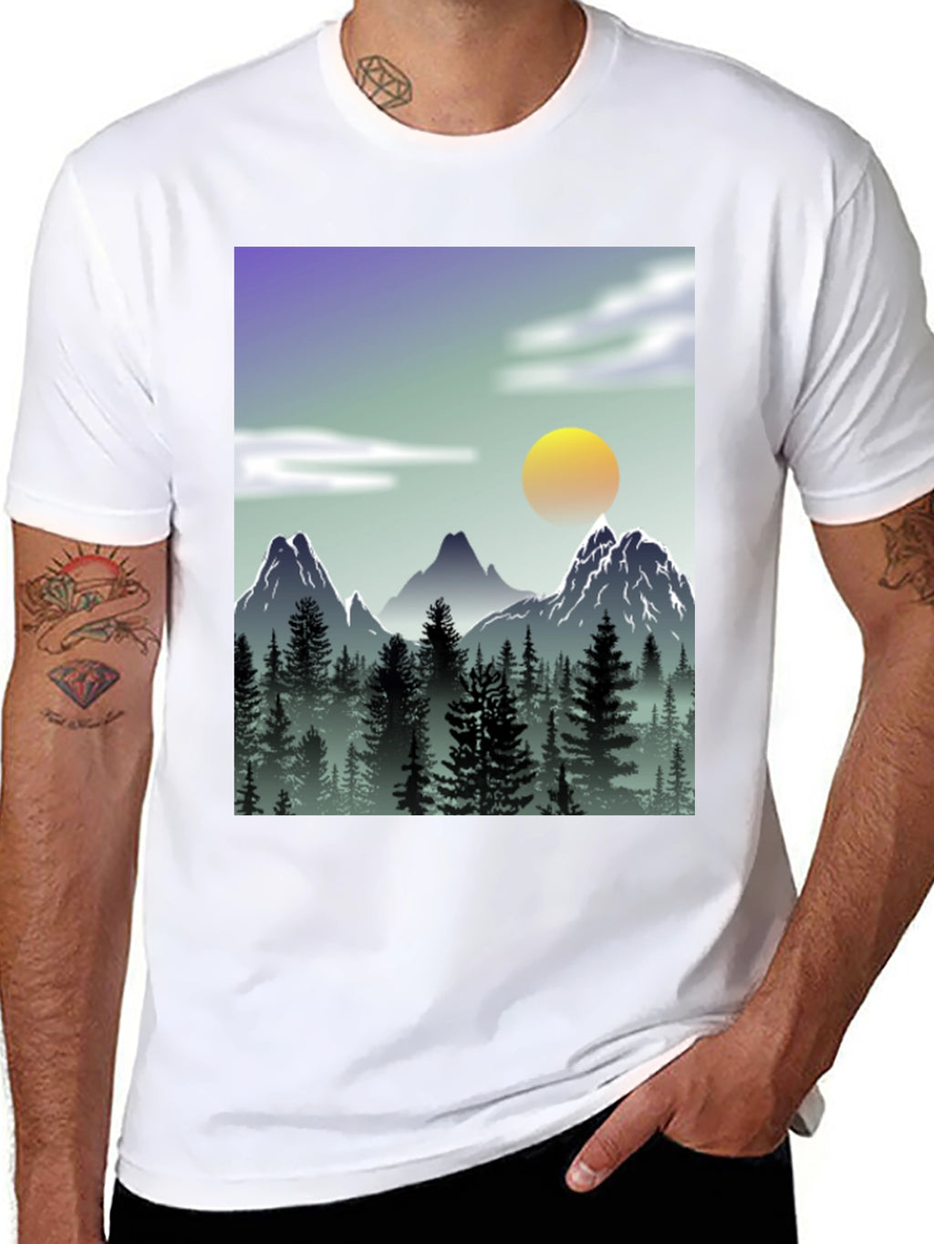 Mountain Scene Graphic Tee - Black Casual T-Shirt