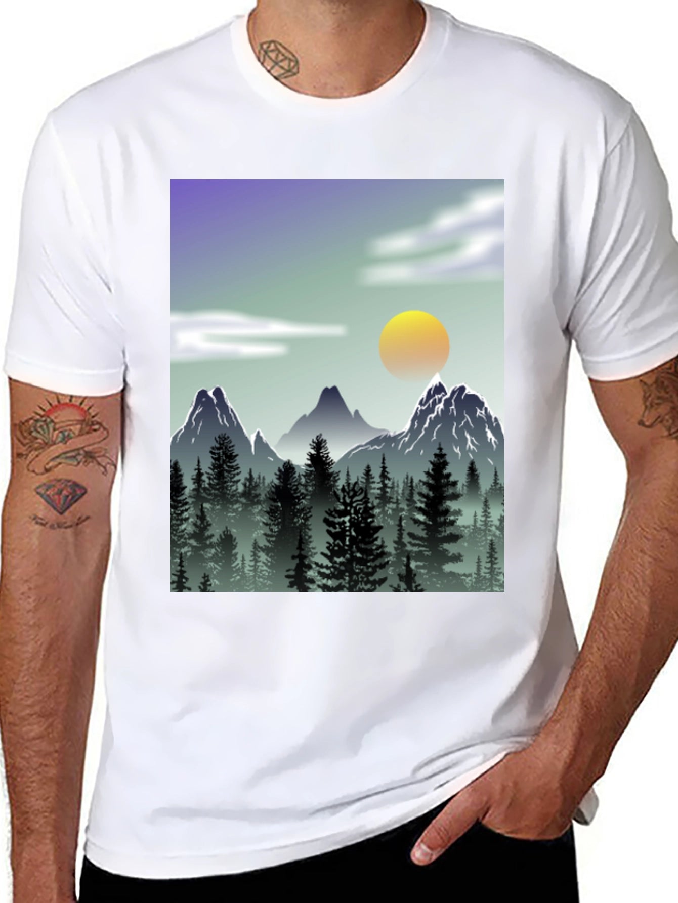 Mountain Scene Graphic Tee - Black Casual T-Shirt
