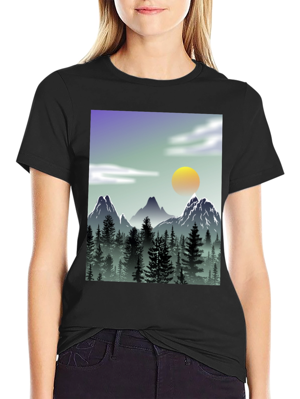 Mountain Scene Graphic Tee - Black Casual T-Shirt