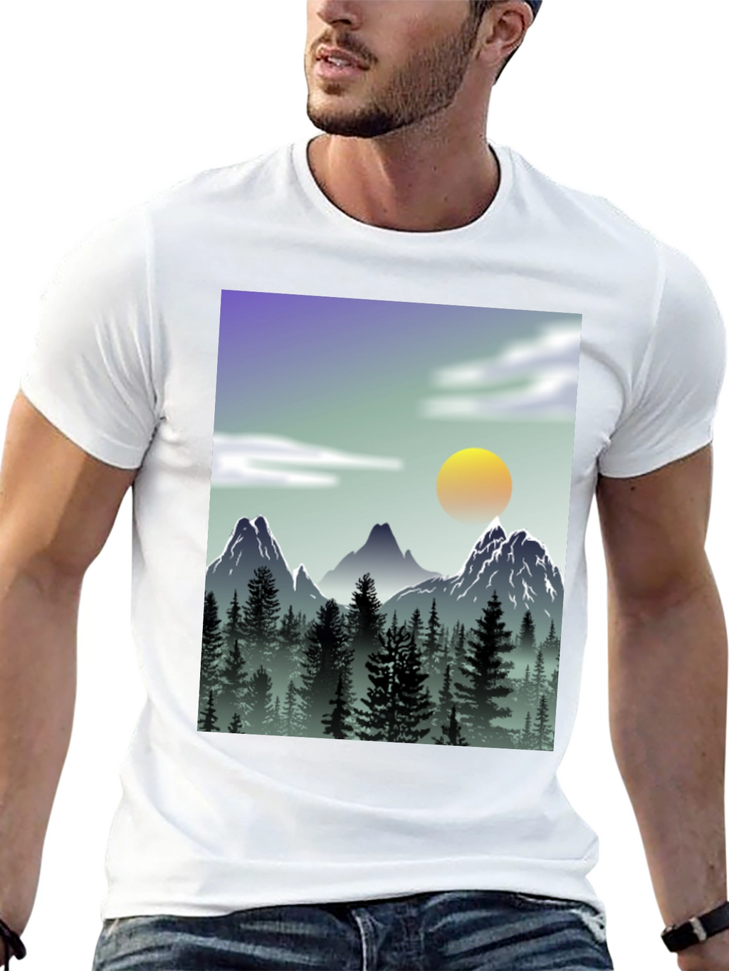 Mountain Scene Graphic Tee - Black Casual T-Shirt