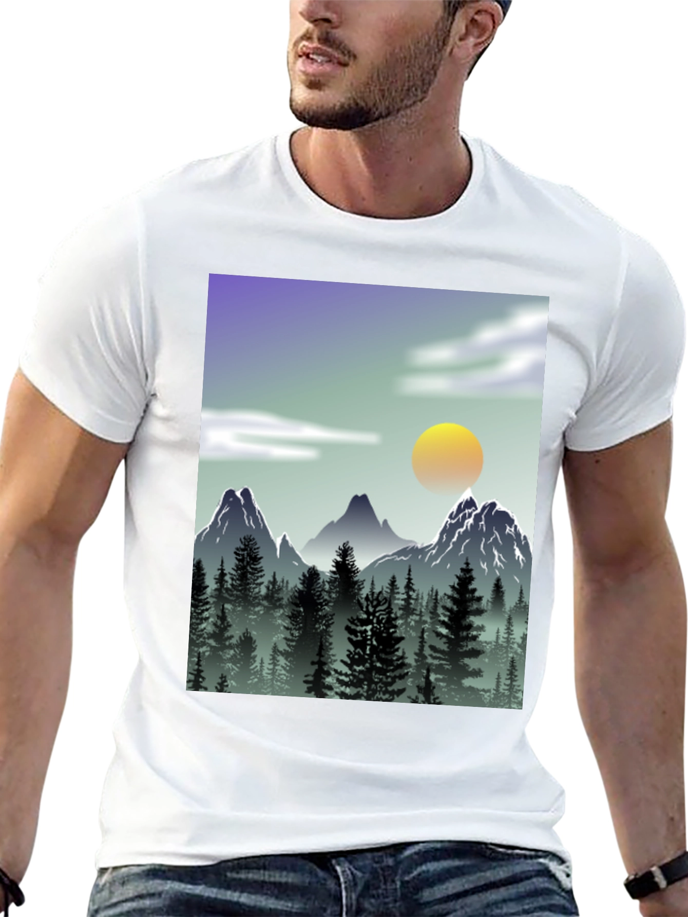 Mountain Scene Graphic Tee - Black Casual T-Shirt