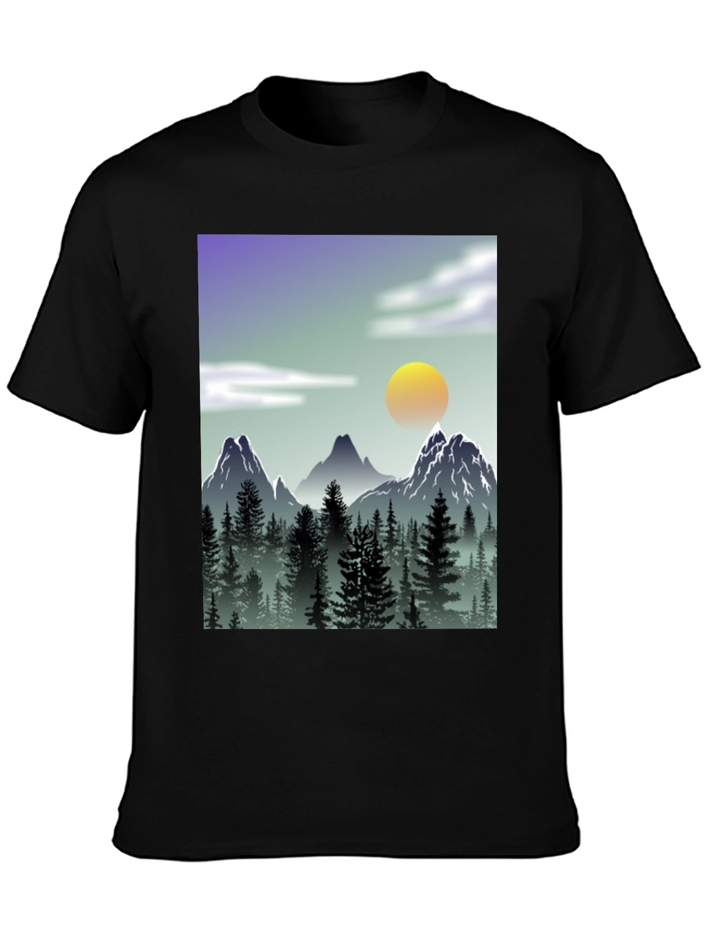 Mountain Scene Graphic Tee - Black Casual T-Shirt