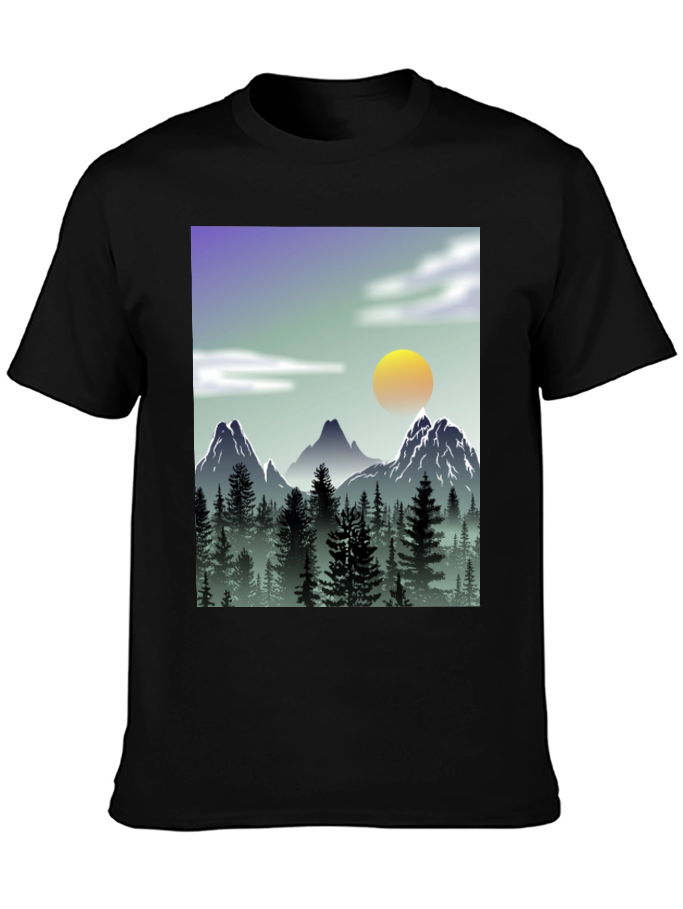 Mountain Scene Graphic Tee - Black Casual T-Shirt