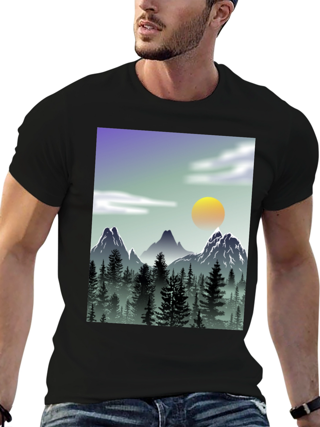 Mountain Scene Graphic Tee - Black Casual T-Shirt