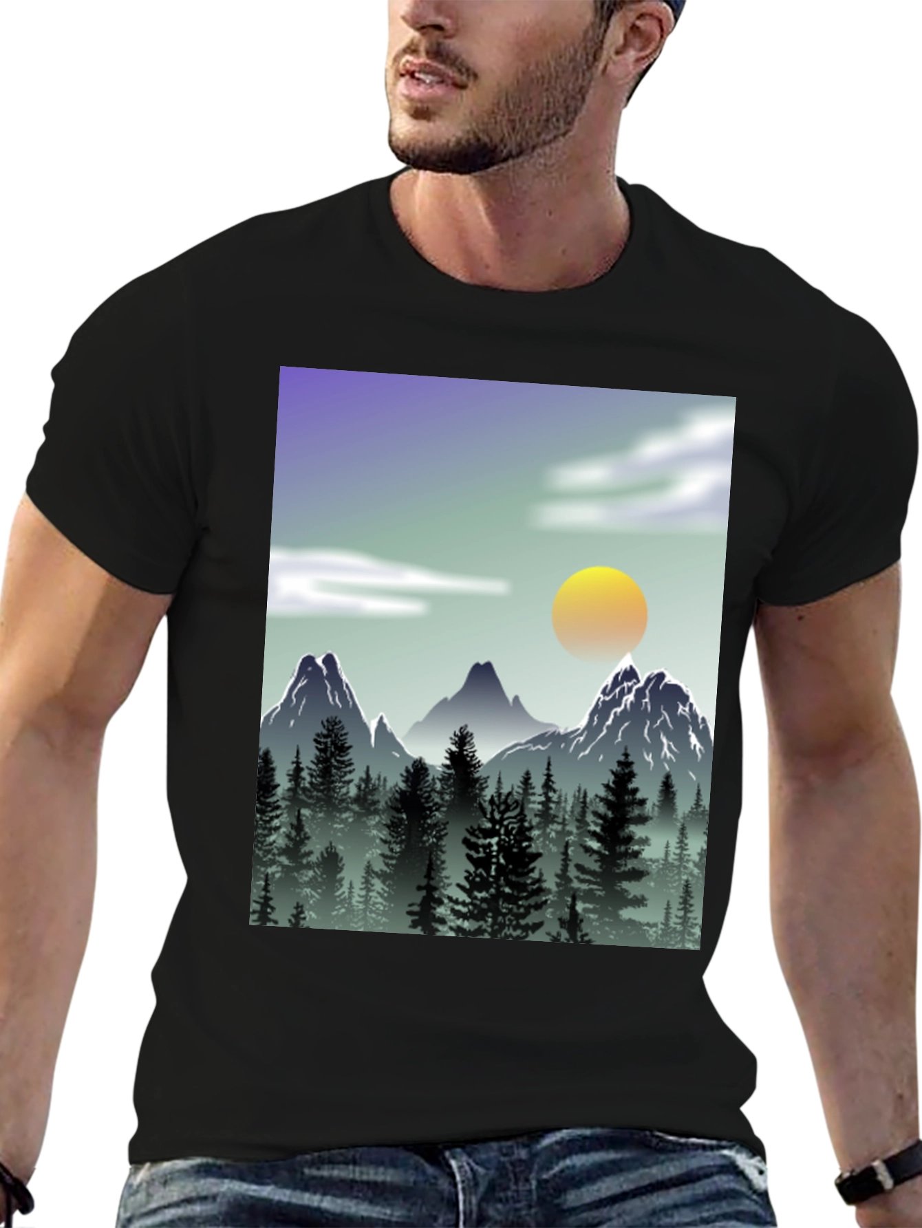 Mountain Scene Graphic Tee - Black Casual T-Shirt