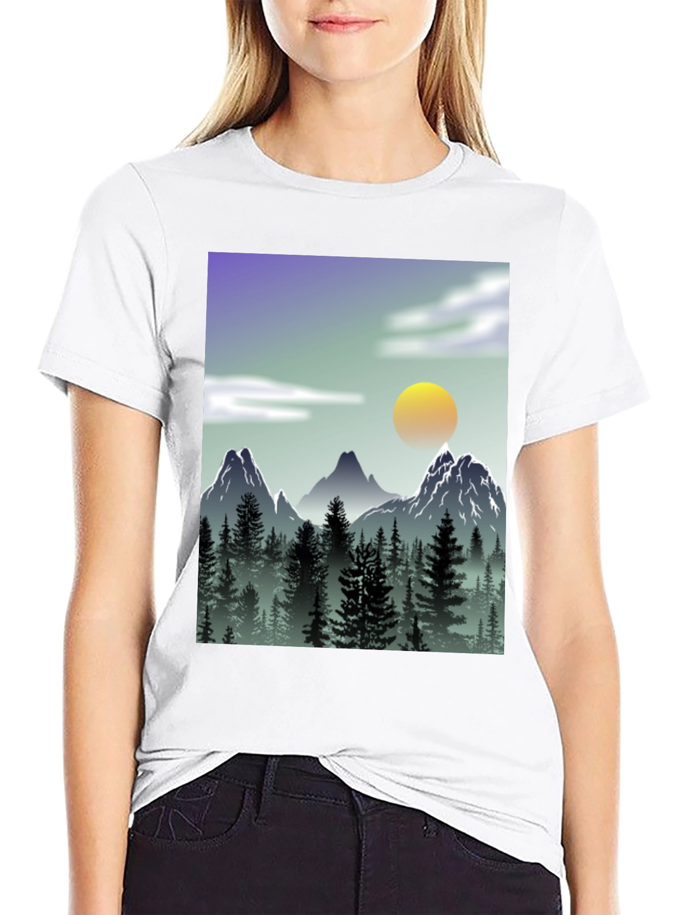 Mountain Scene Graphic Tee - Black Casual T-Shirt