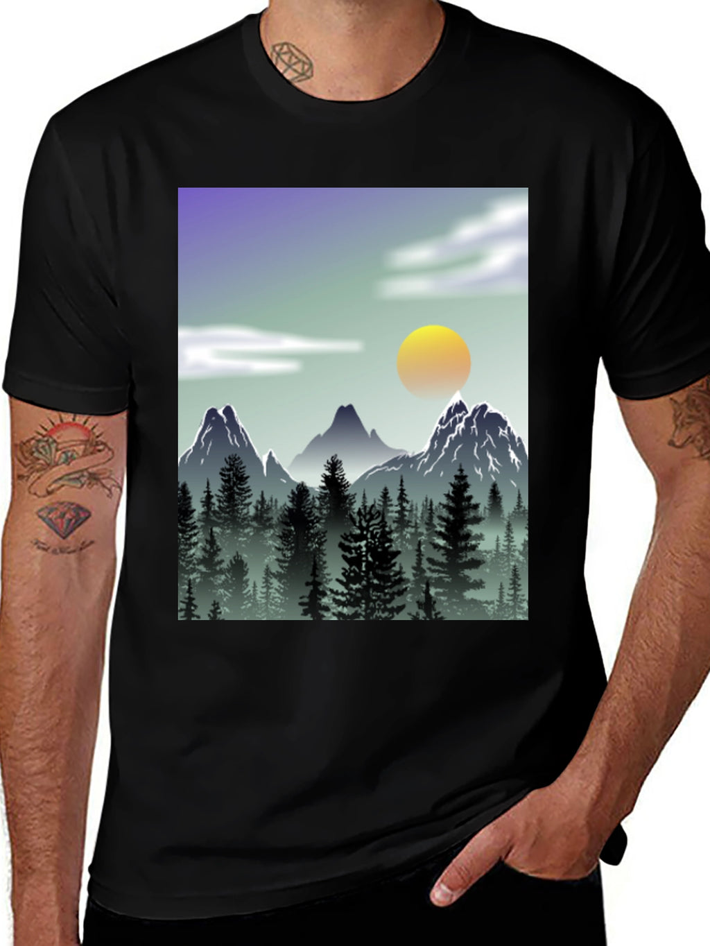 Mountain Scene Graphic Tee - Black Casual T-Shirt