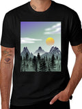 Mountain Scene Graphic Tee - Black Casual T-Shirt
