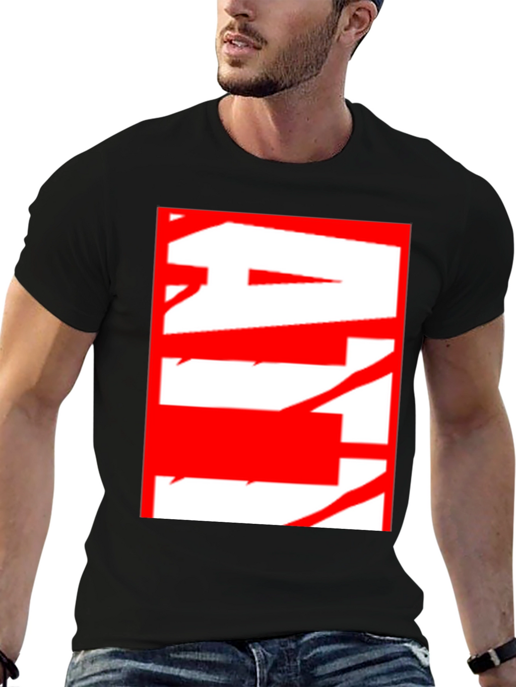 Abstract Red & White Graphic Black T-Shirt
