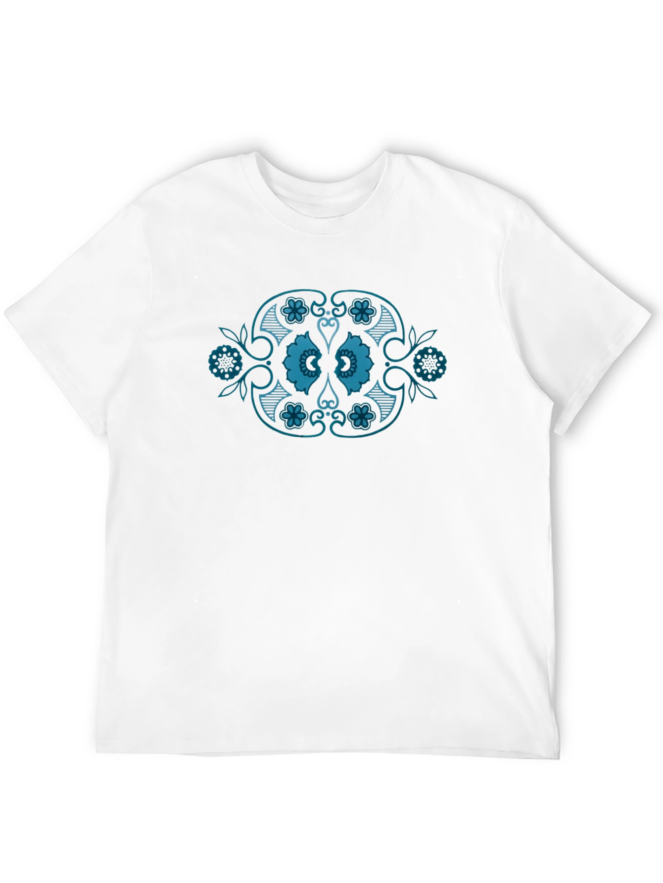 Black T-Shirt with Teal Floral Medallion Design