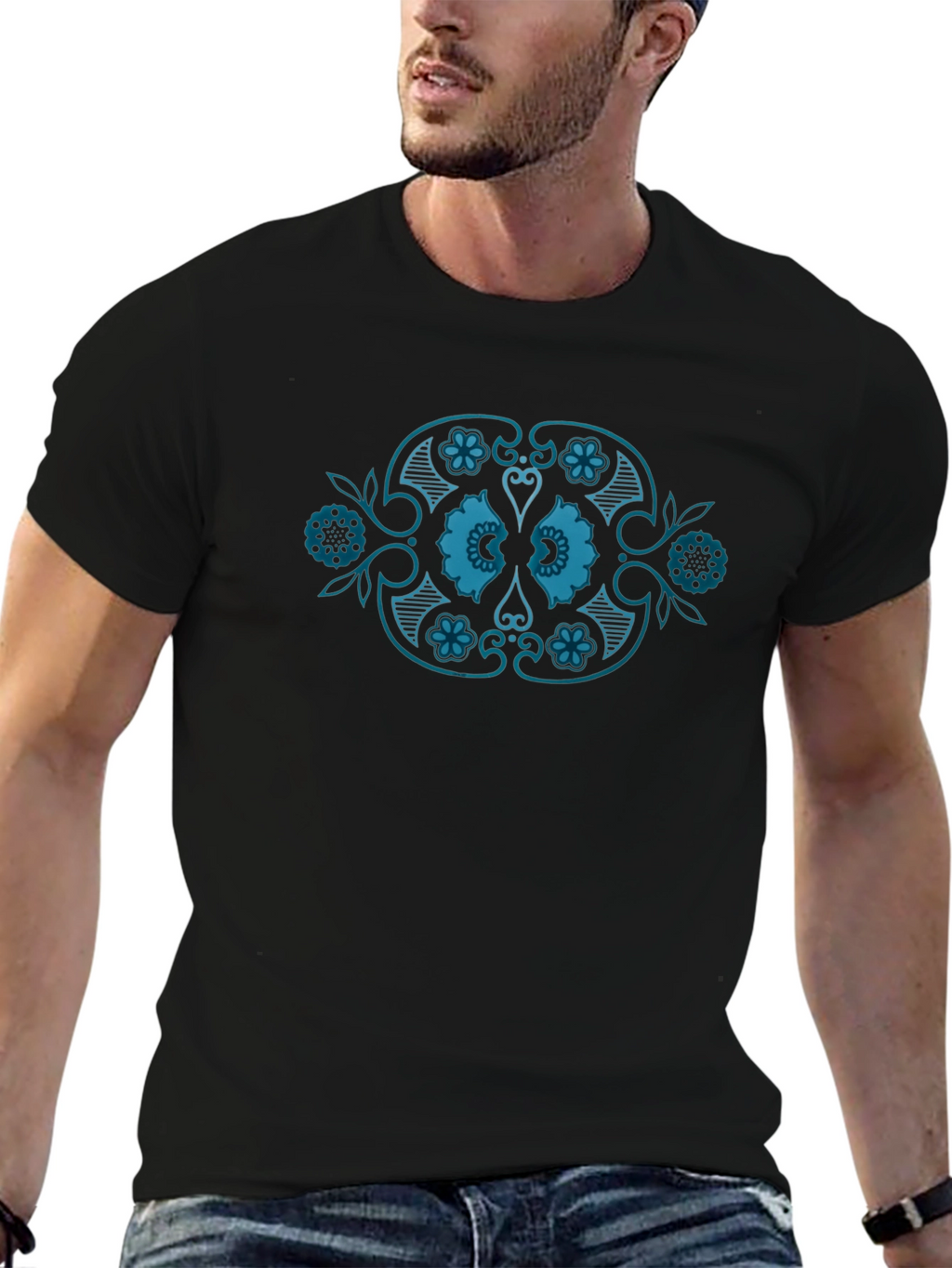 Black T-Shirt with Teal Floral Medallion Design