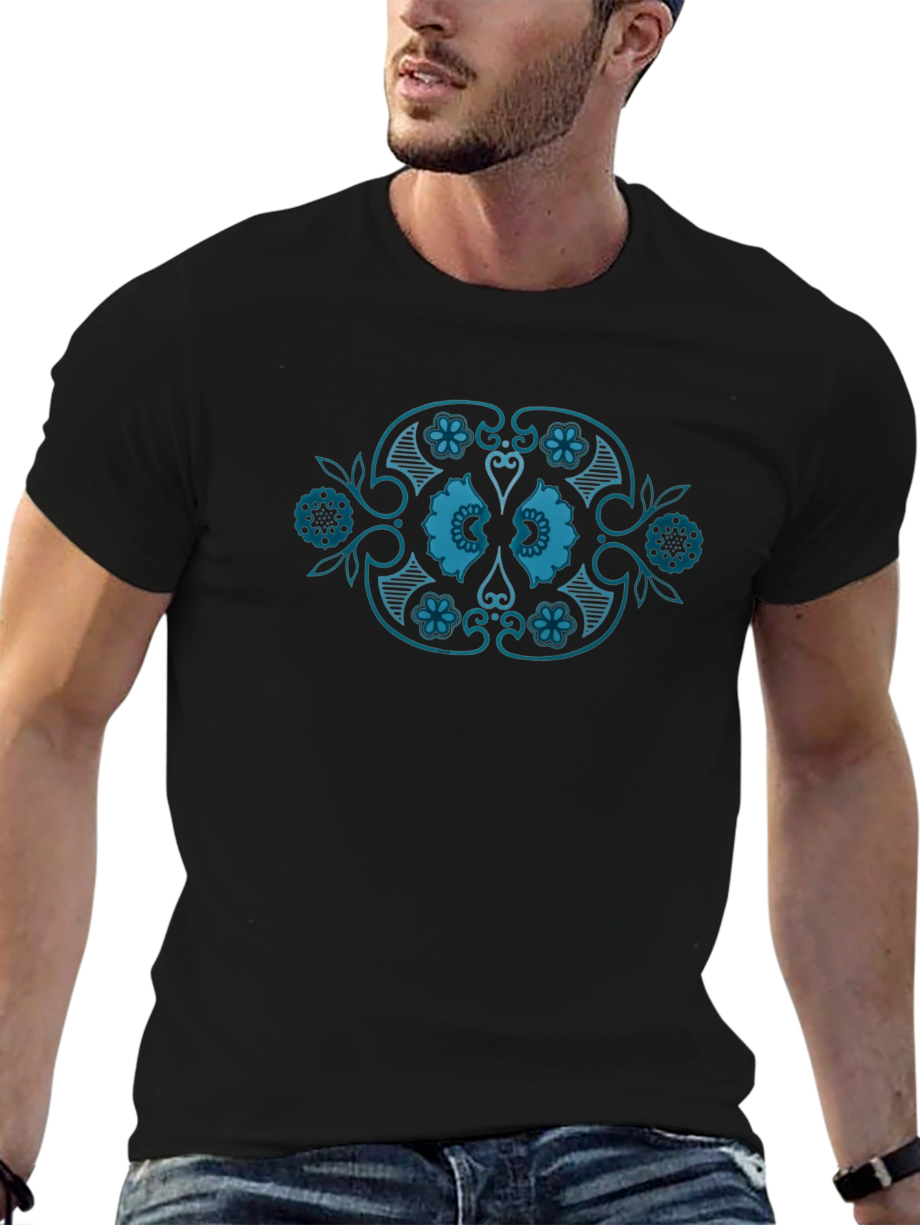Black T-Shirt with Teal Floral Medallion Design