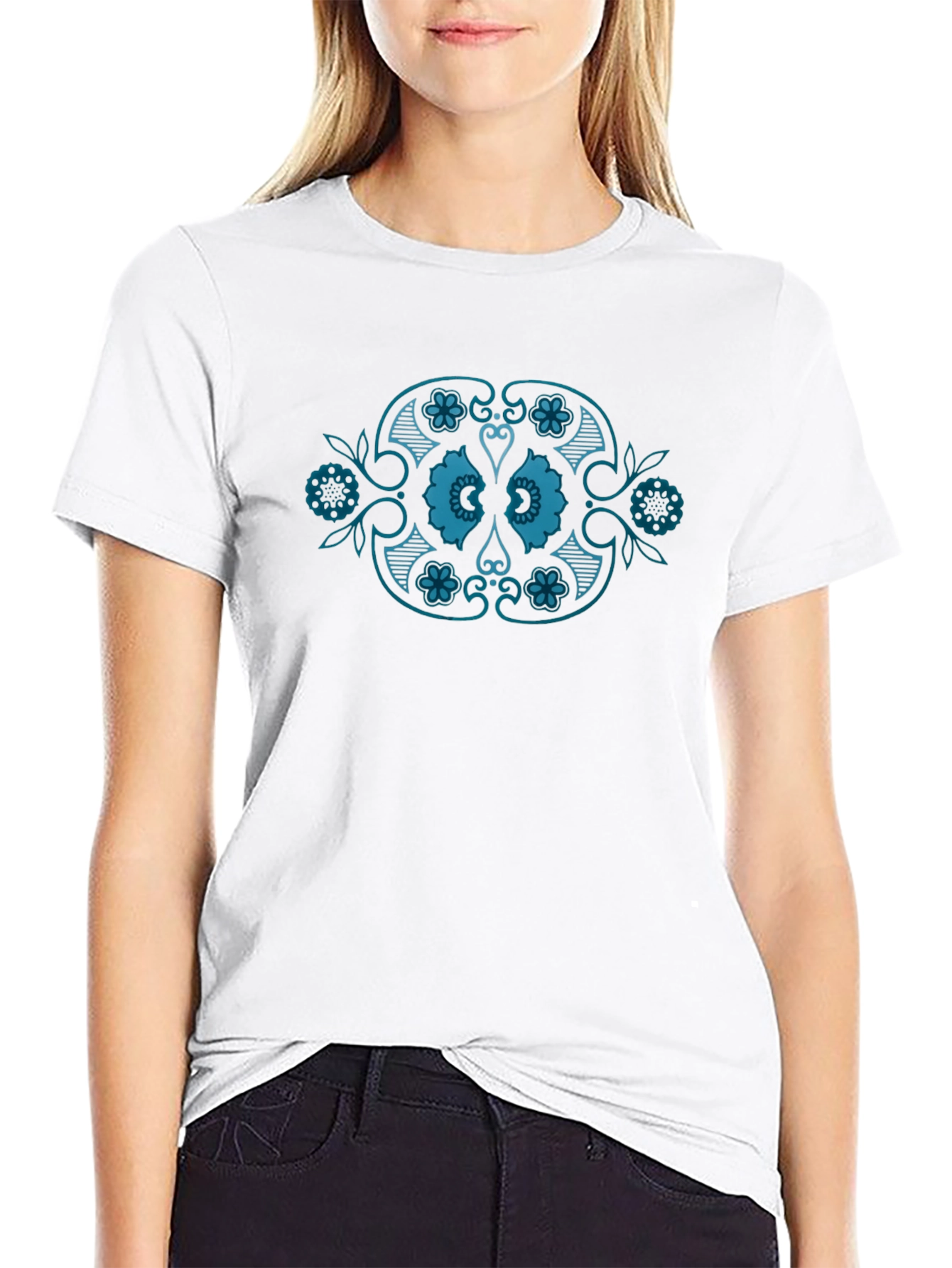 Black T-Shirt with Teal Floral Medallion Design