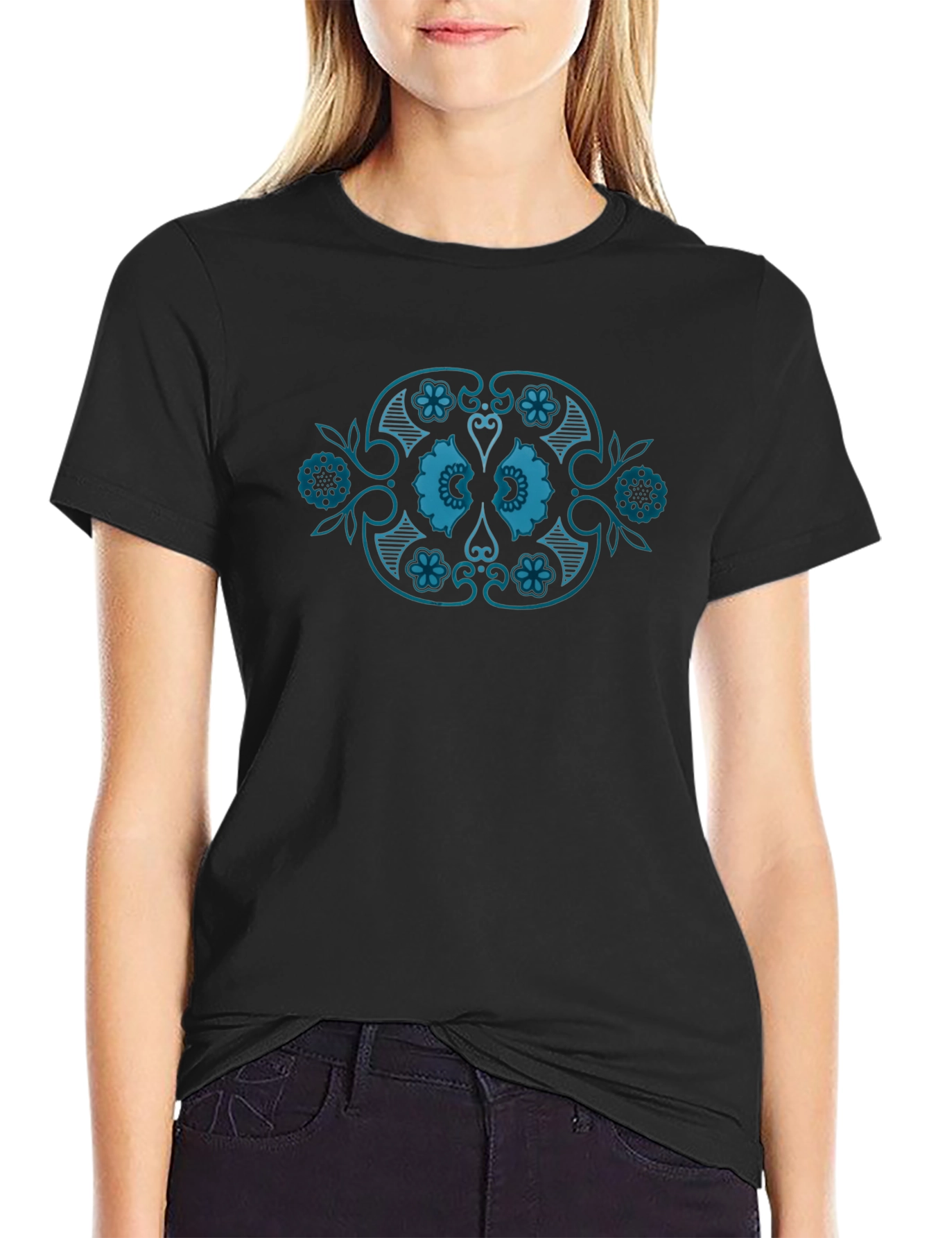 Black T-Shirt with Teal Floral Medallion Design