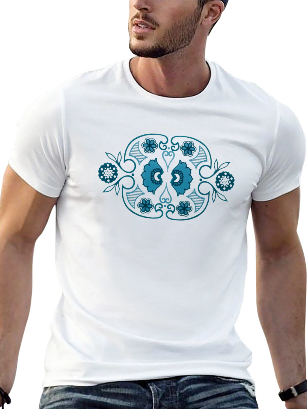 Black T-Shirt with Teal Floral Medallion Design