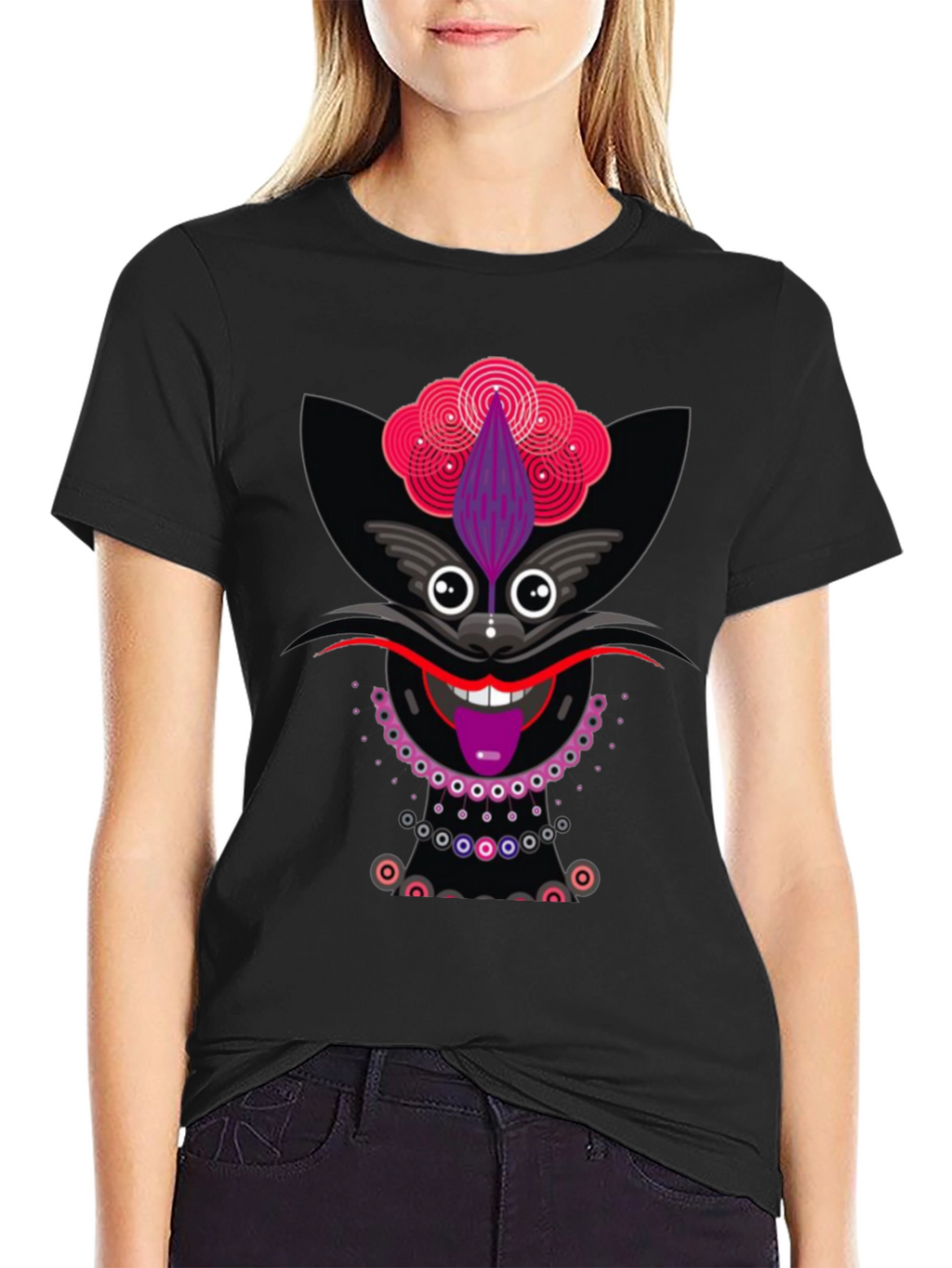 Funky Cat Graphic Tee - Black Cotton T-Shirt