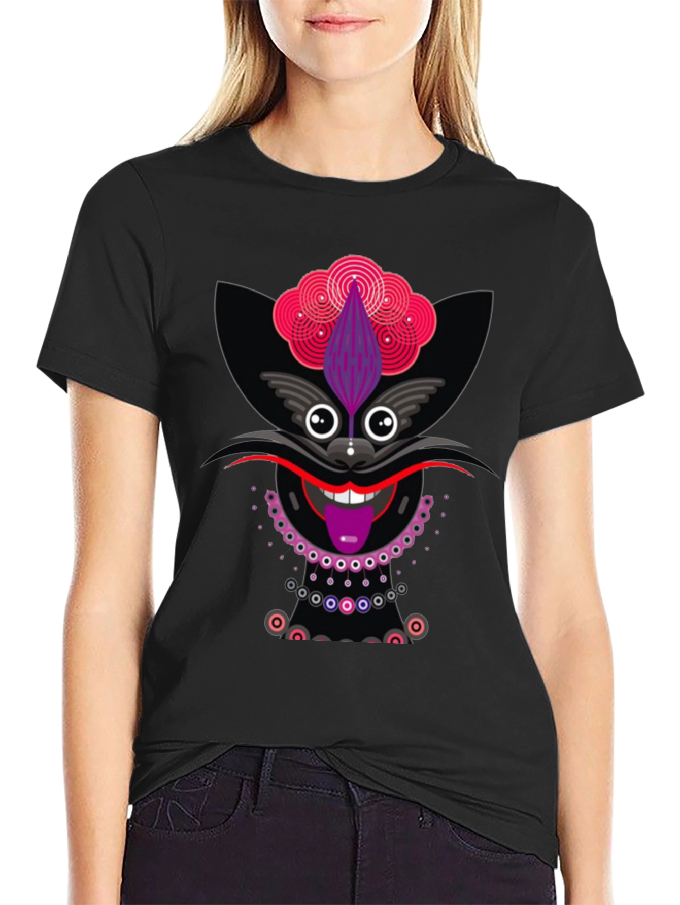 Funky Cat Graphic Tee - Black Cotton T-Shirt