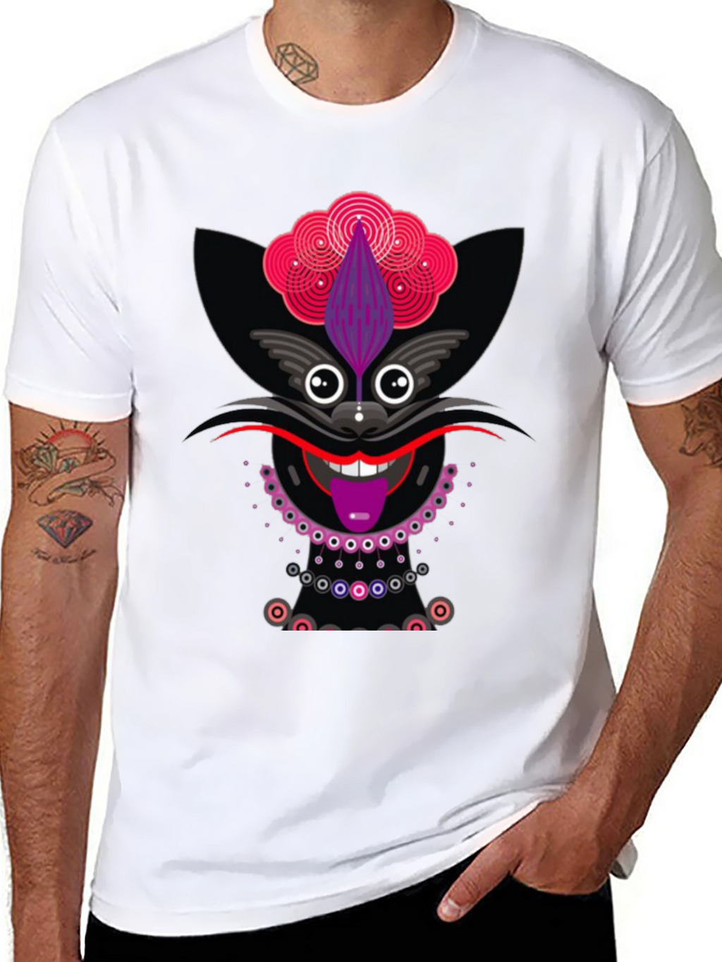 Funky Cat Graphic Tee - Black Cotton T-Shirt