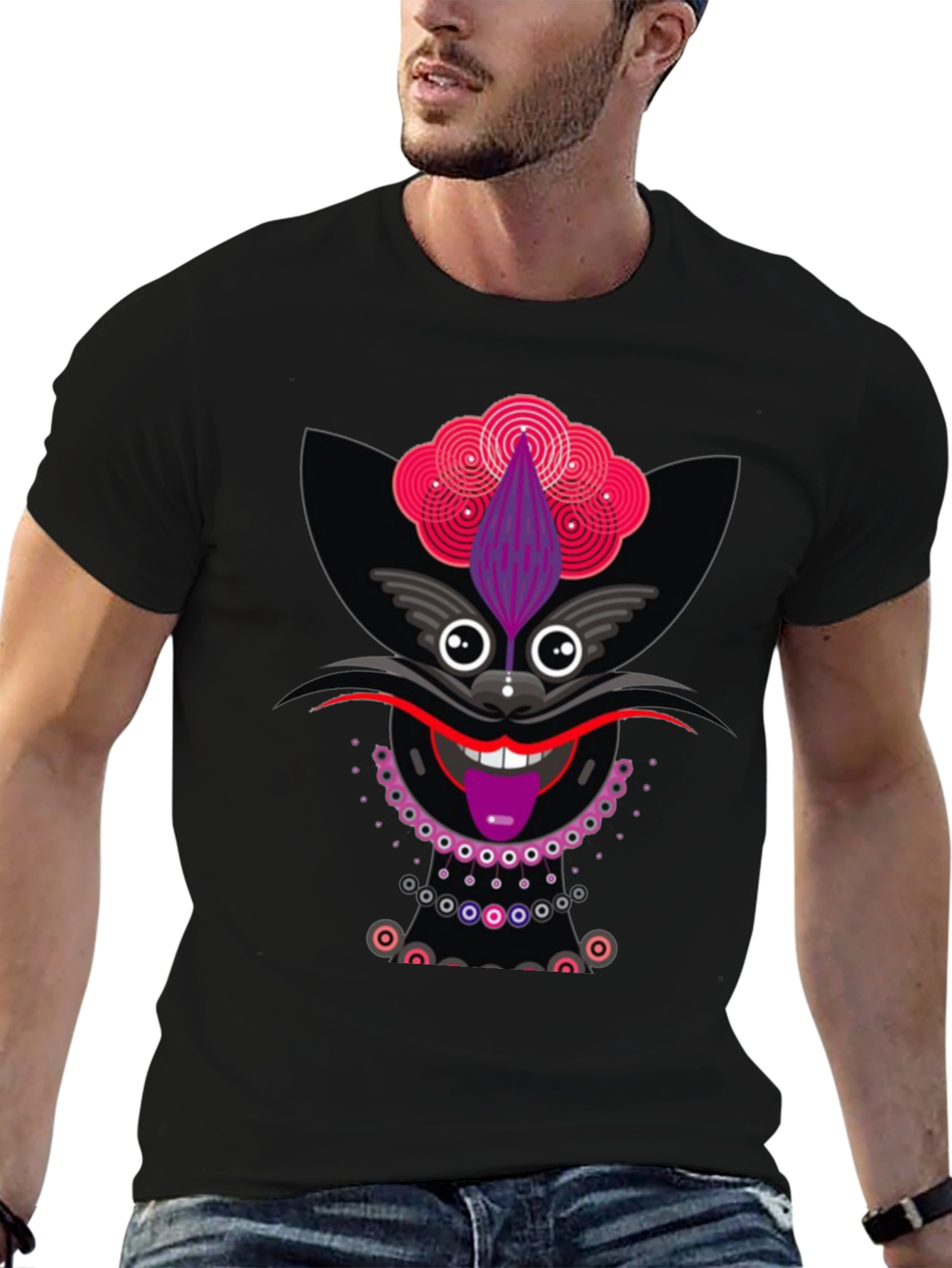 Funky Cat Graphic Tee - Black Cotton T-Shirt