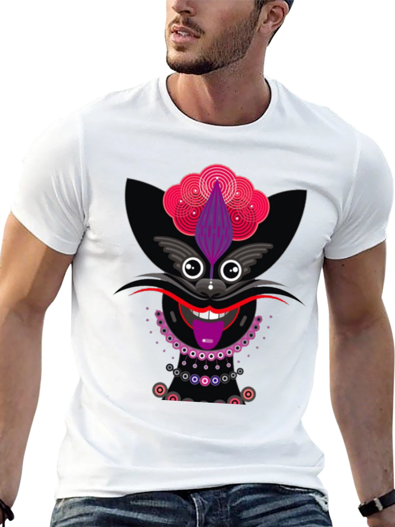 Funky Cat Graphic Tee - Black Cotton T-Shirt