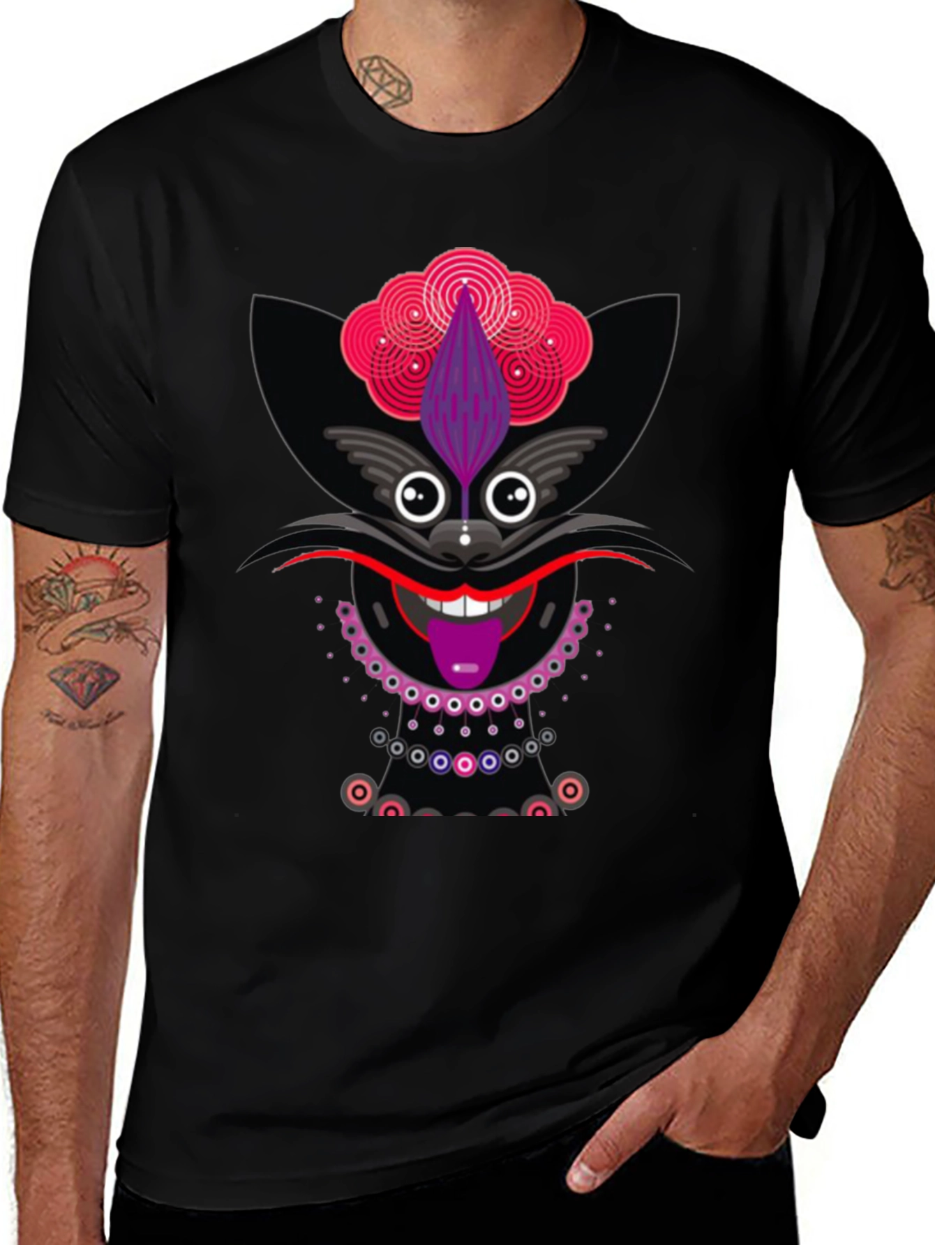 Funky Cat Graphic Tee - Black Cotton T-Shirt