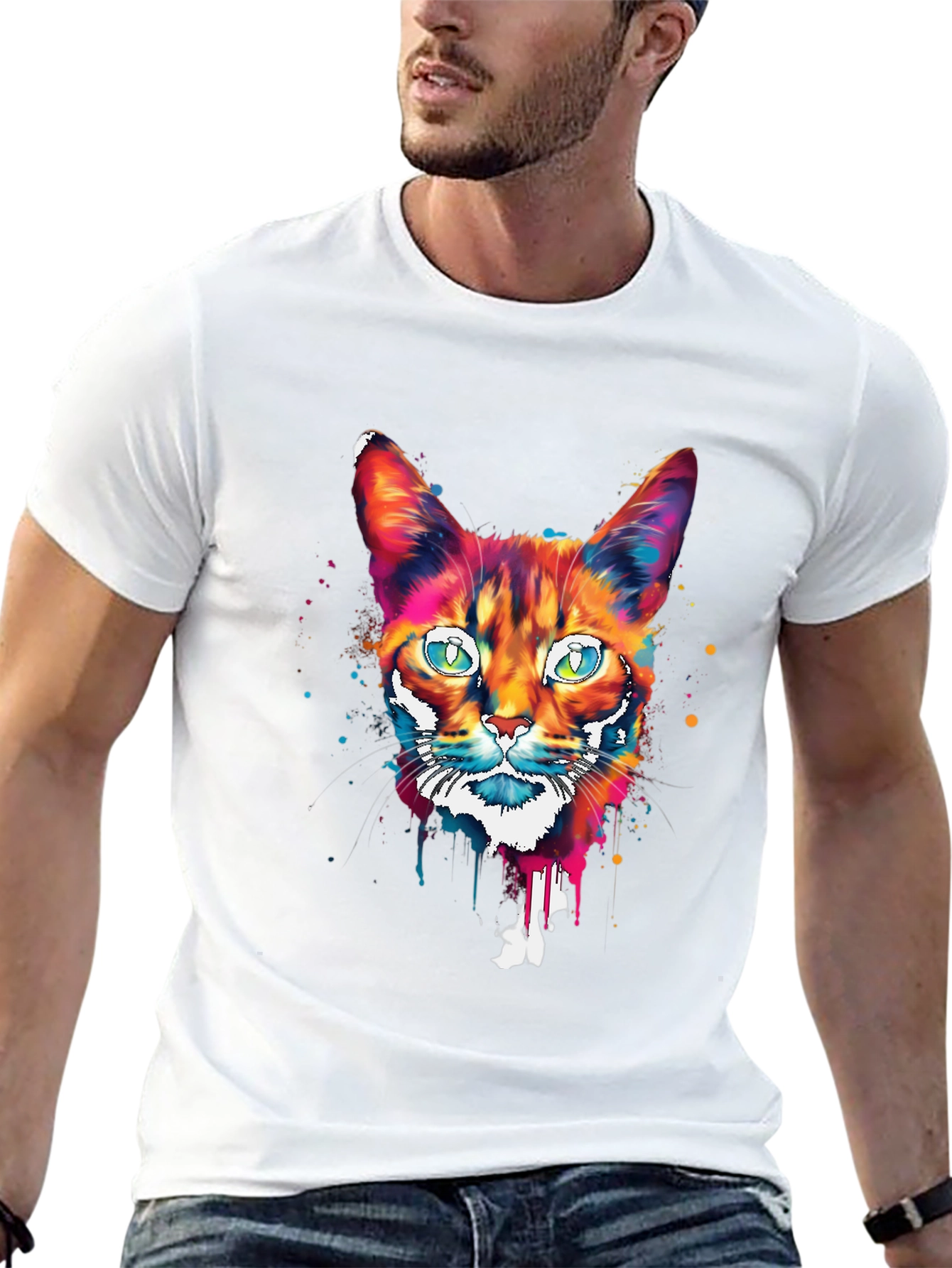 Colorful Cat Graphic Print Mens Black T-Shirt