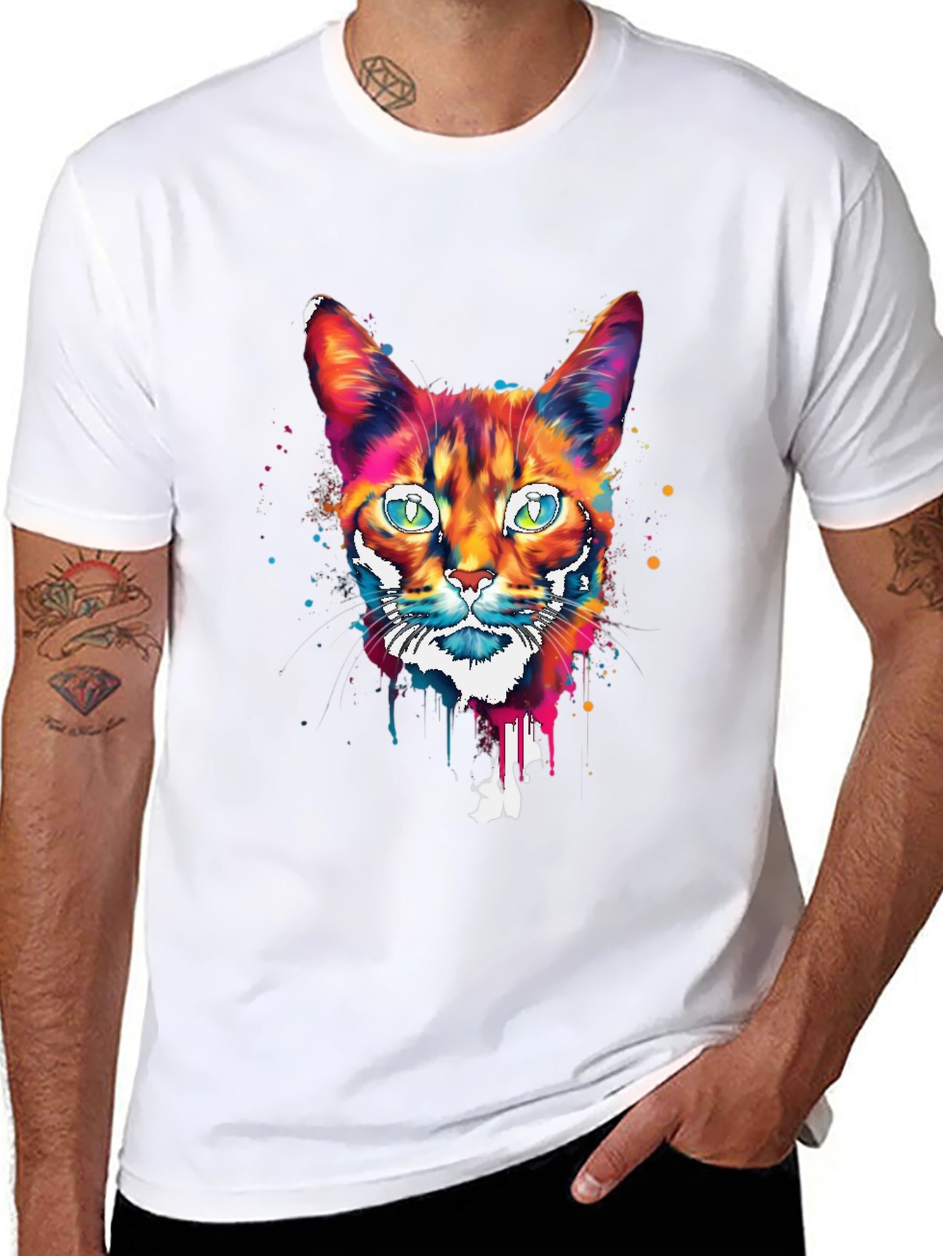 Colorful Cat Graphic Print Mens Black T-Shirt