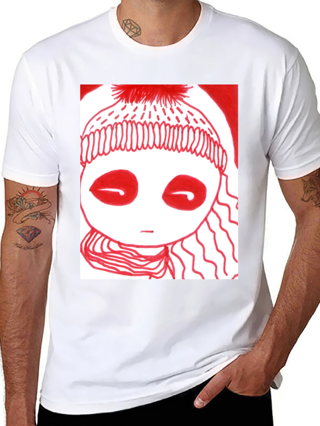 Unique Graphic Tee - Red Drawn Figure Black T-Shirt