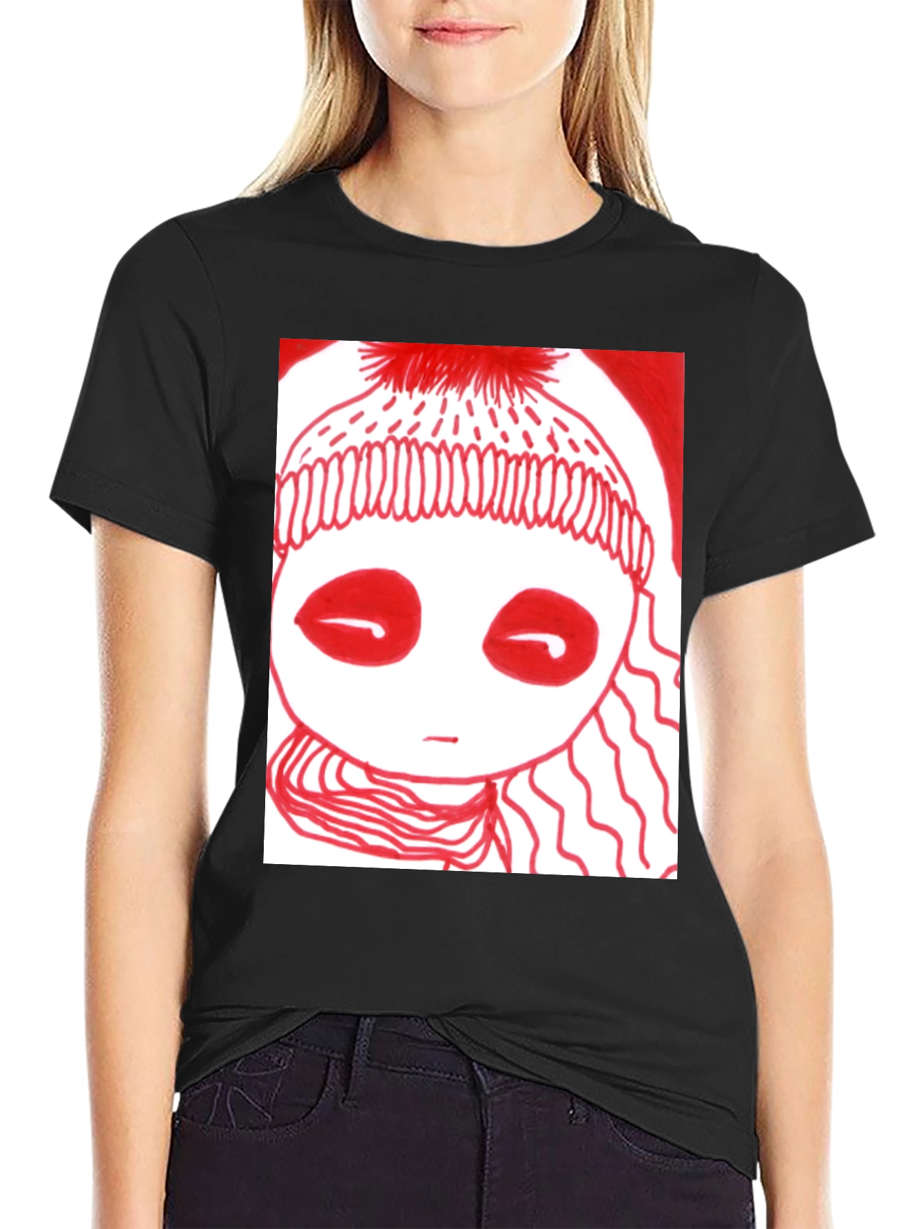 Unique Graphic Tee - Red Drawn Figure Black T-Shirt