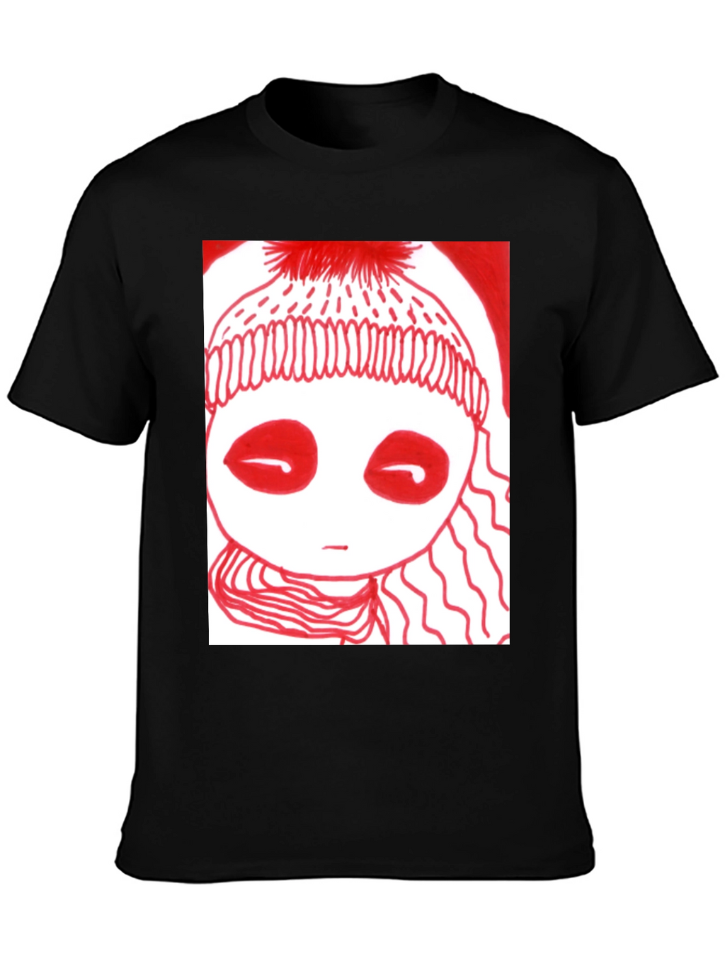 Unique Graphic Tee - Red Drawn Figure Black T-Shirt