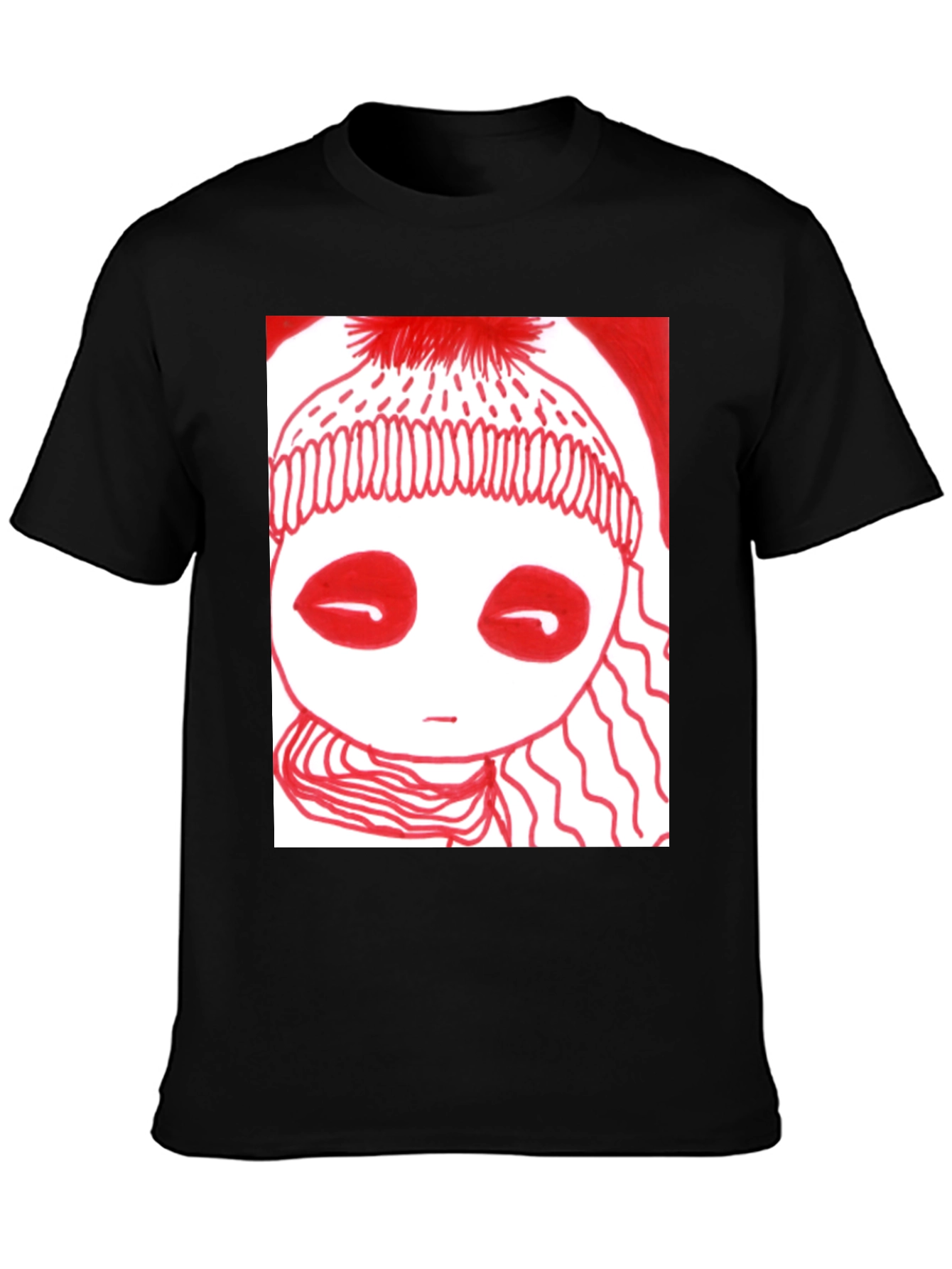 Unique Graphic Tee - Red Drawn Figure Black T-Shirt